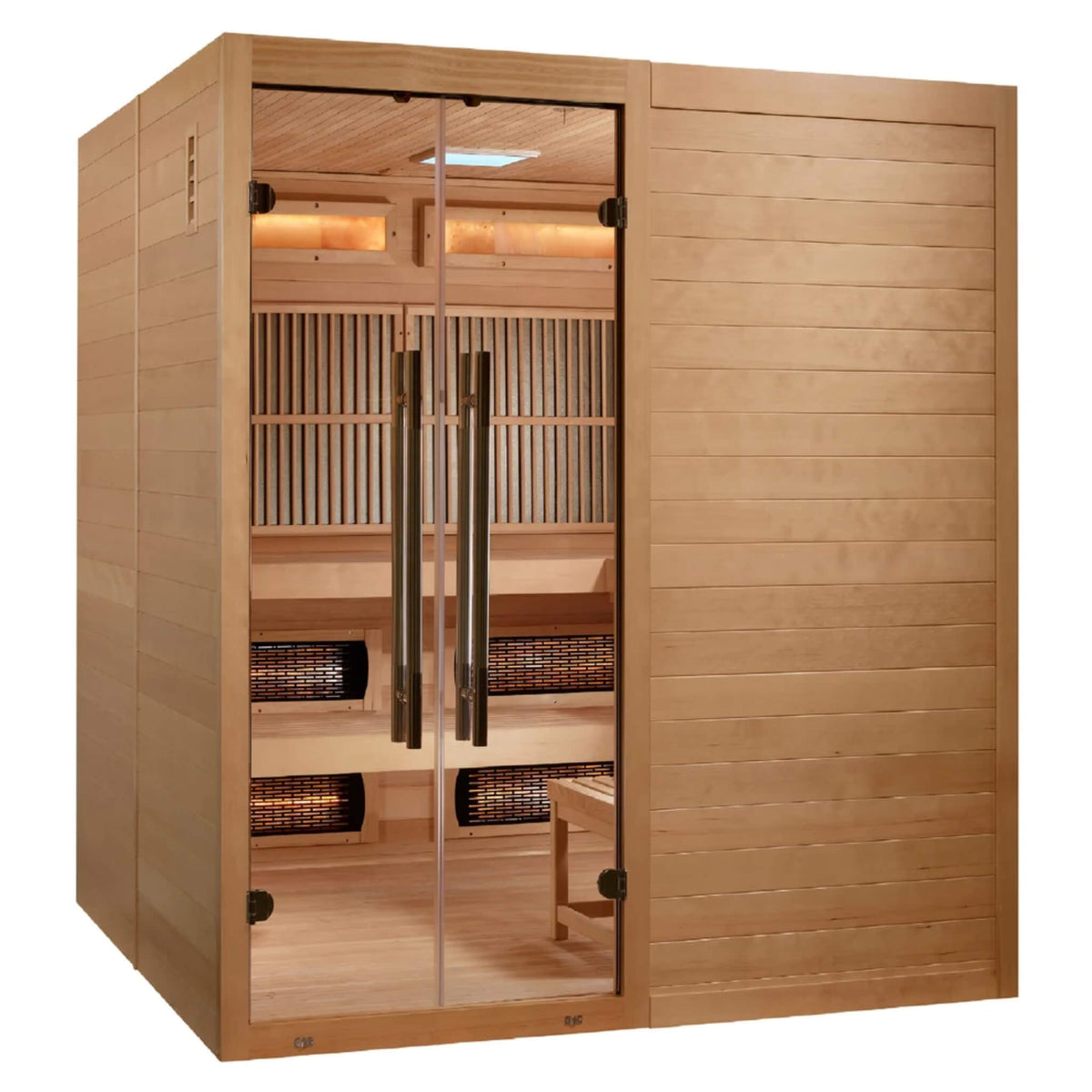 Toledo 6 Person Hybrid Sauna three quarter angle view through the closed glass doors showing the interior bench and heater layout