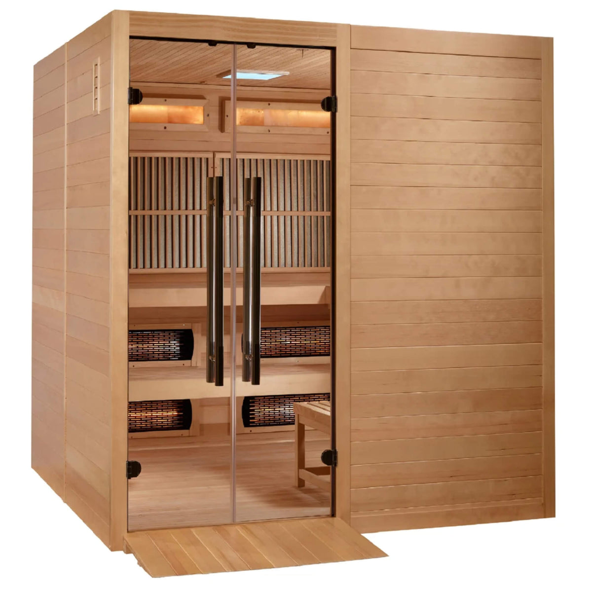 Toledo 6 Person Hybrid Sauna three quarter angle view with the double glass doors closed