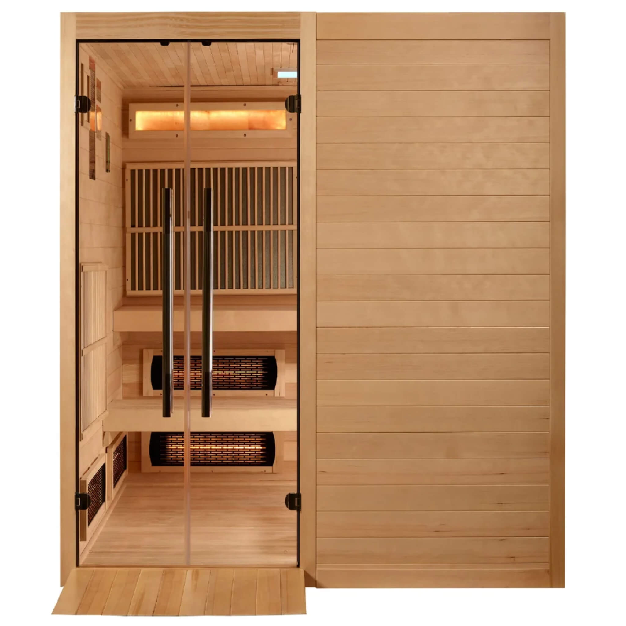 Toledo 6 Person Hybrid Sauna straight front view through the closed glass doors showing the bench seating and heater layout