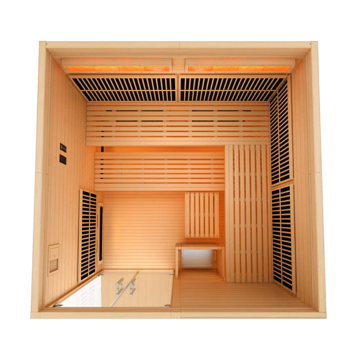 Toledo 6 Person Hybrid Sauna top down interior layout showing the two tier bench and stove area