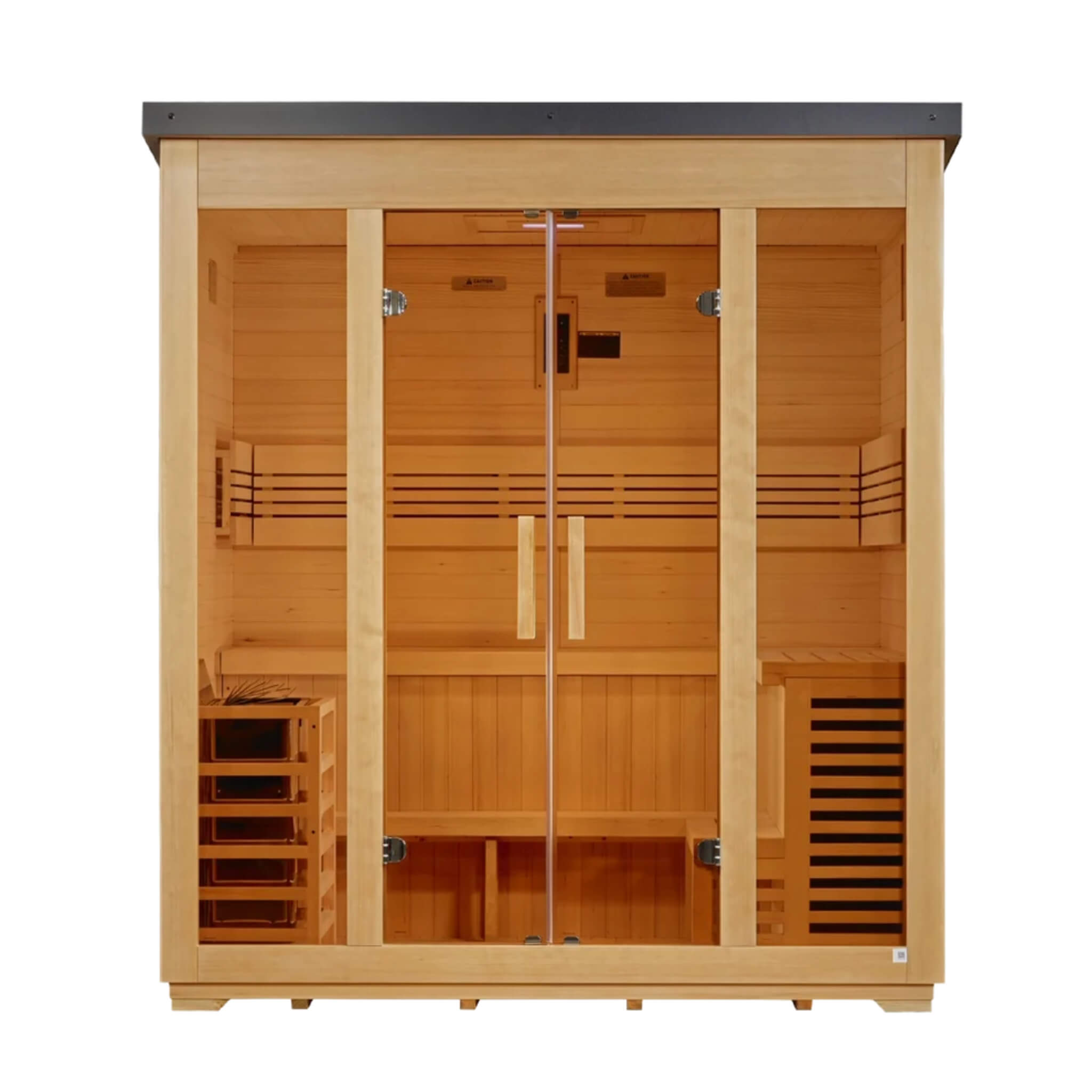 Vorarlberg Flat Roof 5 Person Traditional Outdoor Sauna straight front view showing the flat black roofline, double glass doors, and Canadian Hemlock interior
