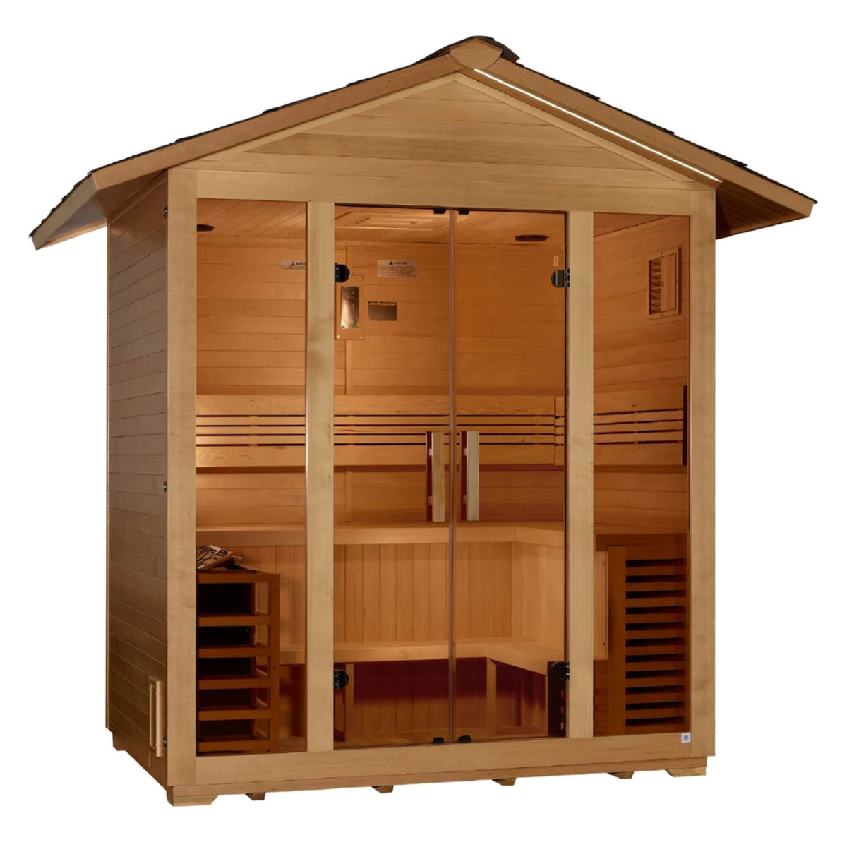 Vorarlberg 5 Person Traditional Outdoor Sauna angled view showing the exterior hemlock siding on the left side wall and the corner bench through the glass door