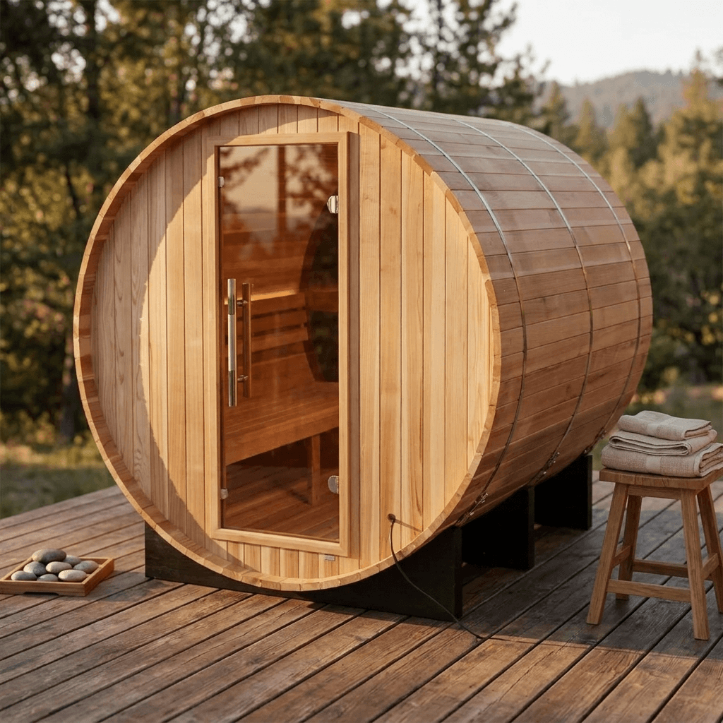Zurich 4 Person Barrel Sauna on an outdoor deck with a stone tray and folded towels nearby