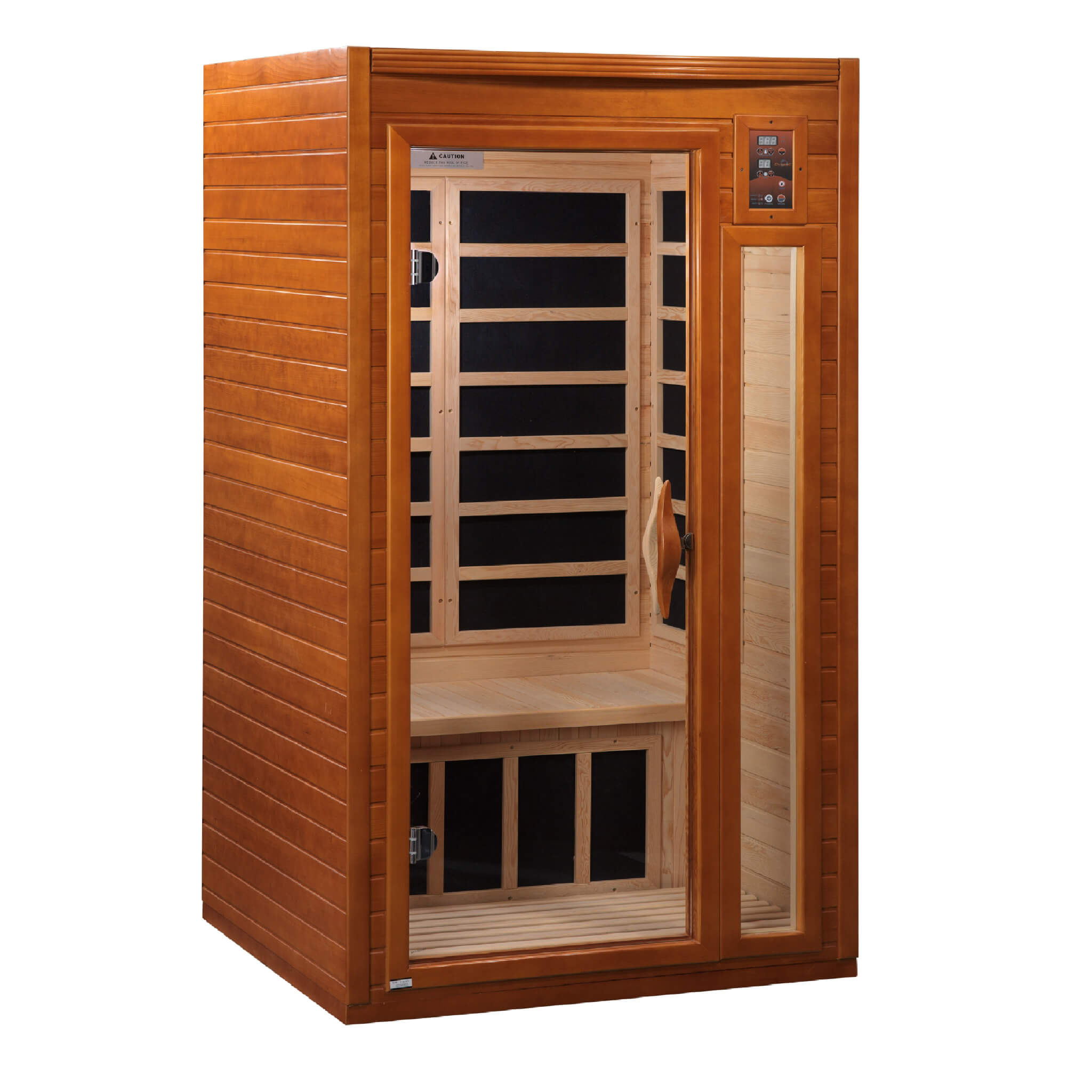 Dynamic Barcelona infrared sauna interior front view with bench and full body heating panels