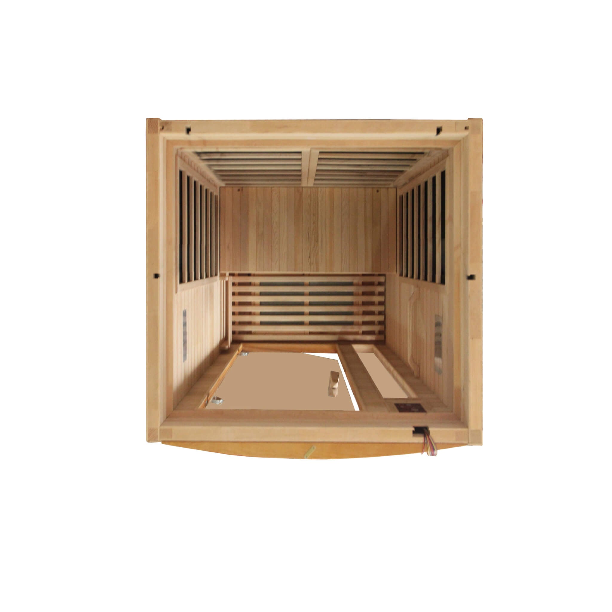 Dynamic Barcelona infrared sauna interior overhead view showing panel layout and seating area
