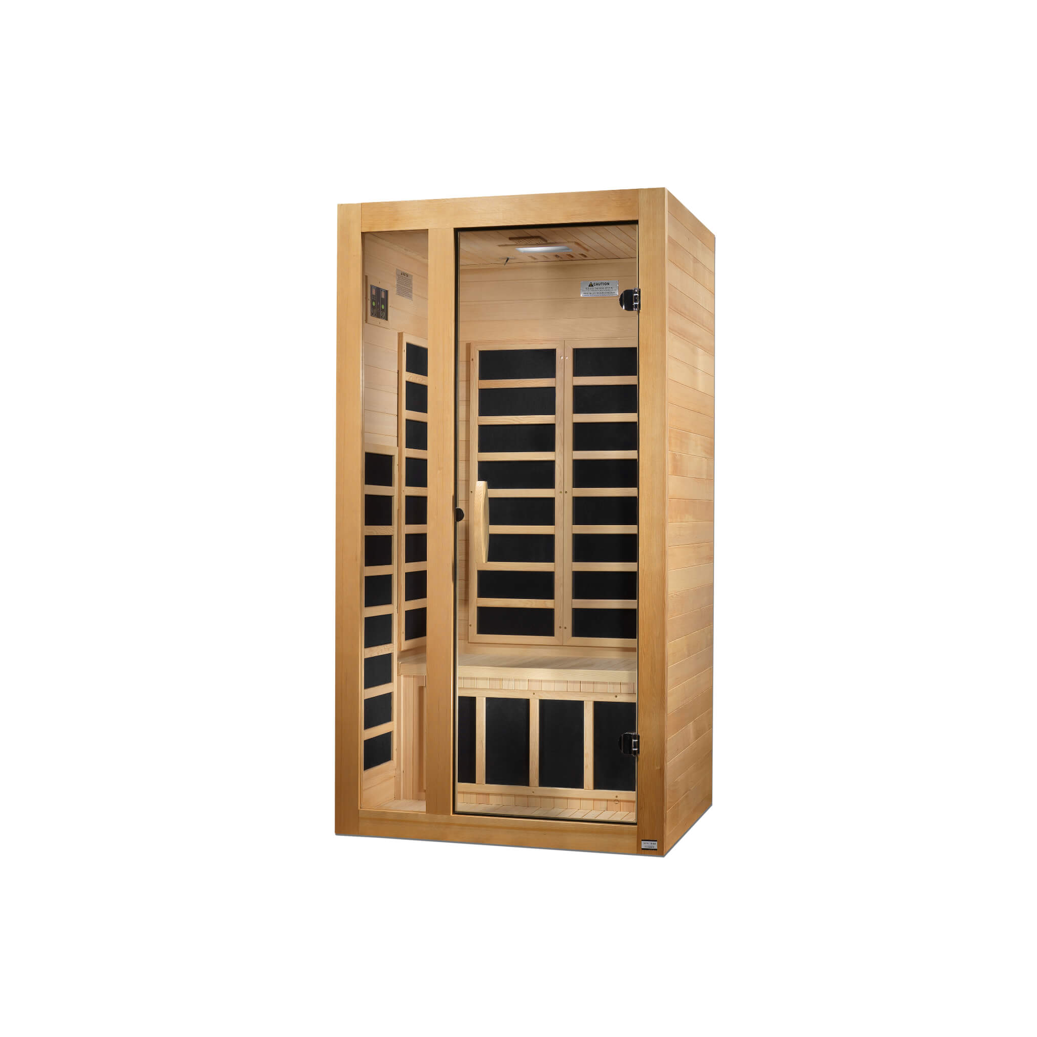 Dynamic Gracia 1–2 person low EMF infrared sauna front view glass door angled
