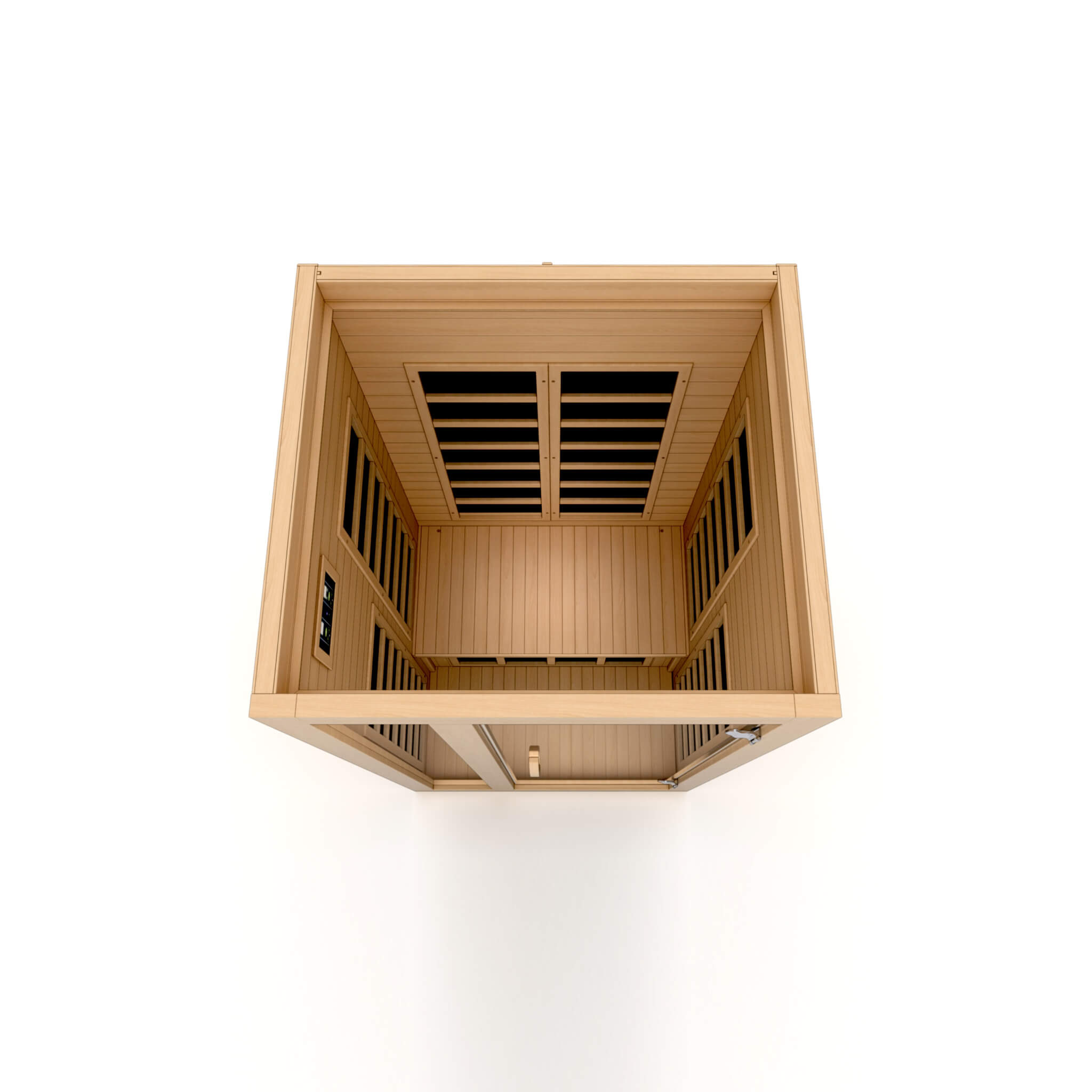 Dynamic infrared sauna interior side heating panels and bench