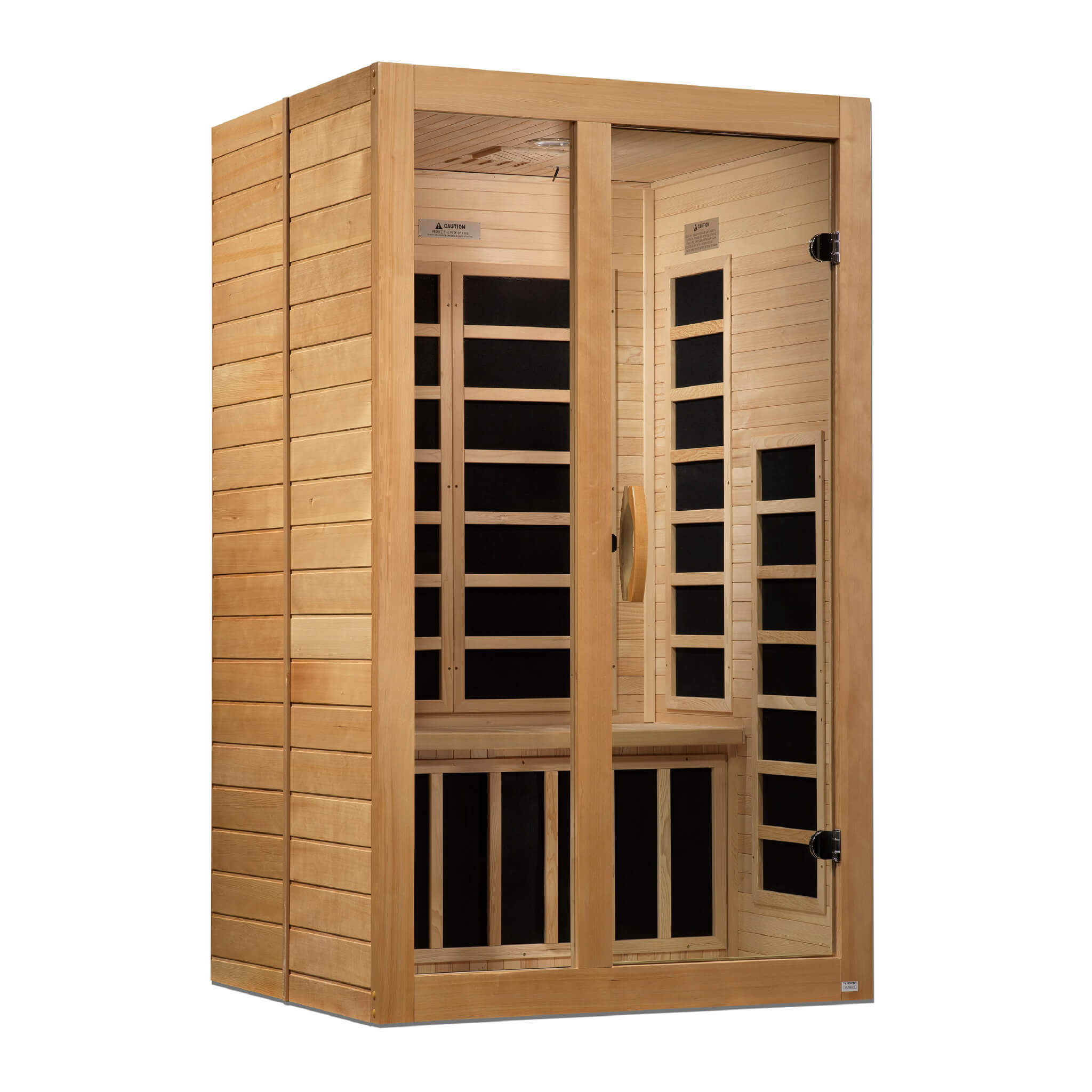 Dynamic Santiago 2 person low EMF far infrared sauna front angle view Canadian hemlock wood
