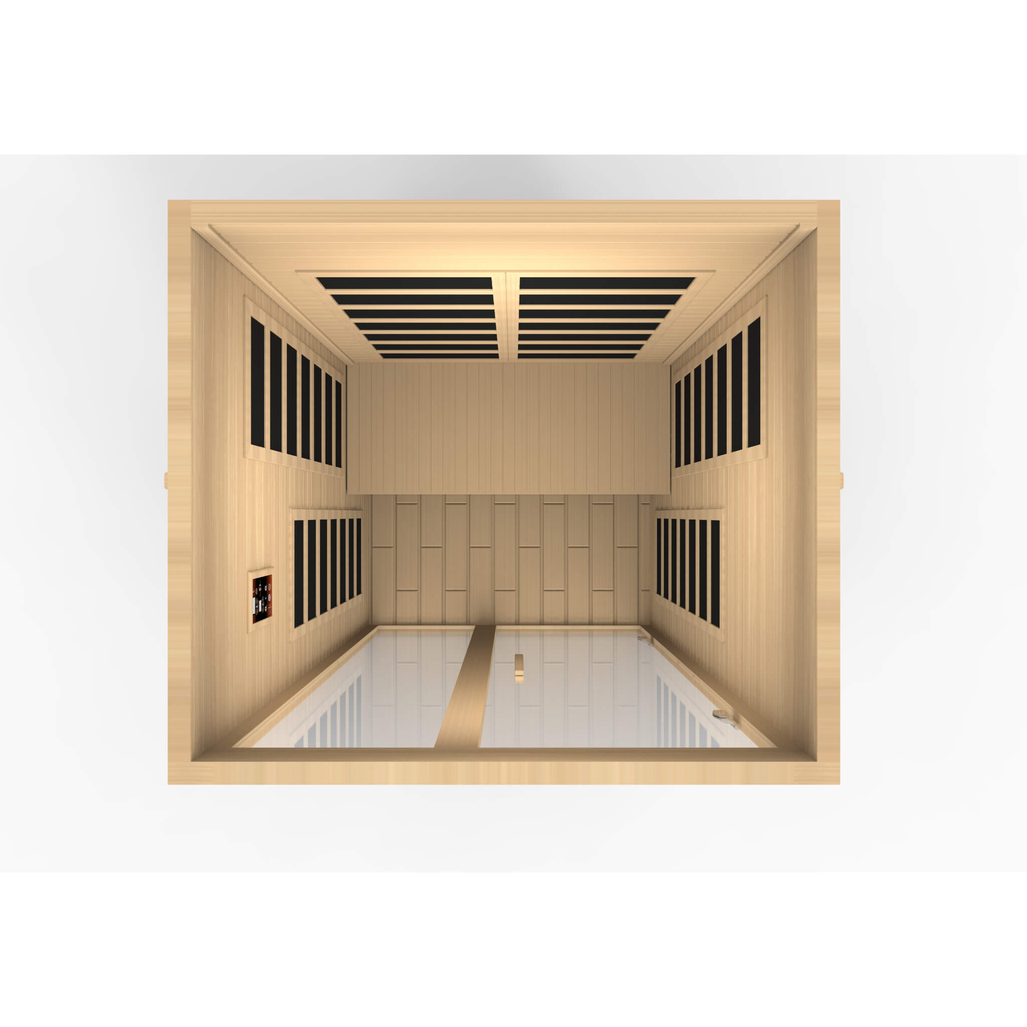 Dynamic Santiago sauna interior perspective showing full wall and ceiling far infrared carbon heaters