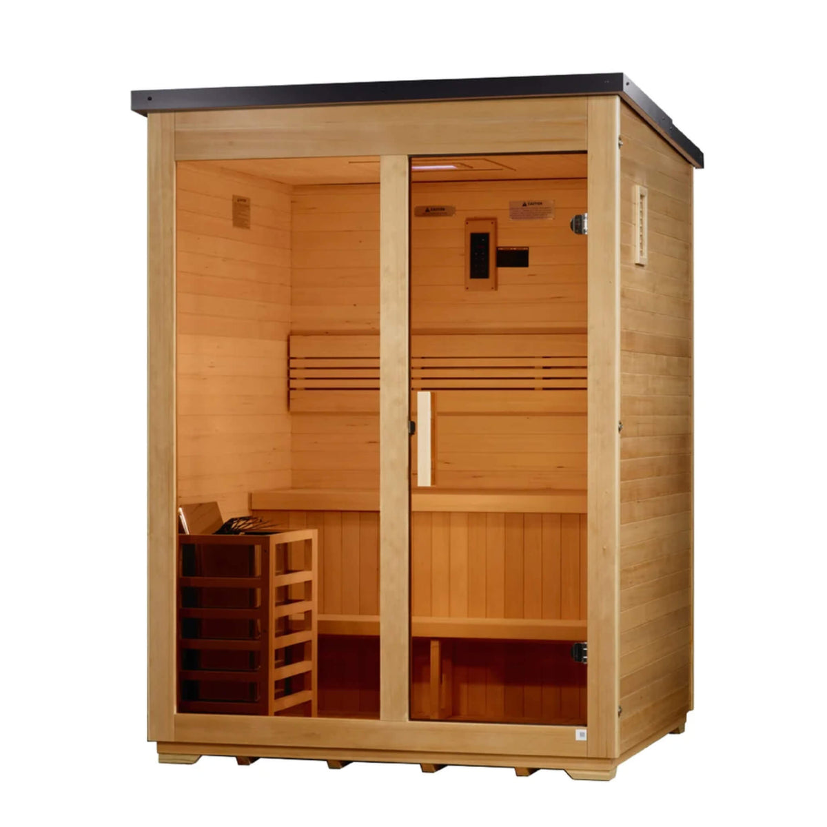 Arlberg 3 Person Traditional Outdoor Sauna angled view showing the exterior hemlock siding on the left side wall and the heater rack through the glass door
