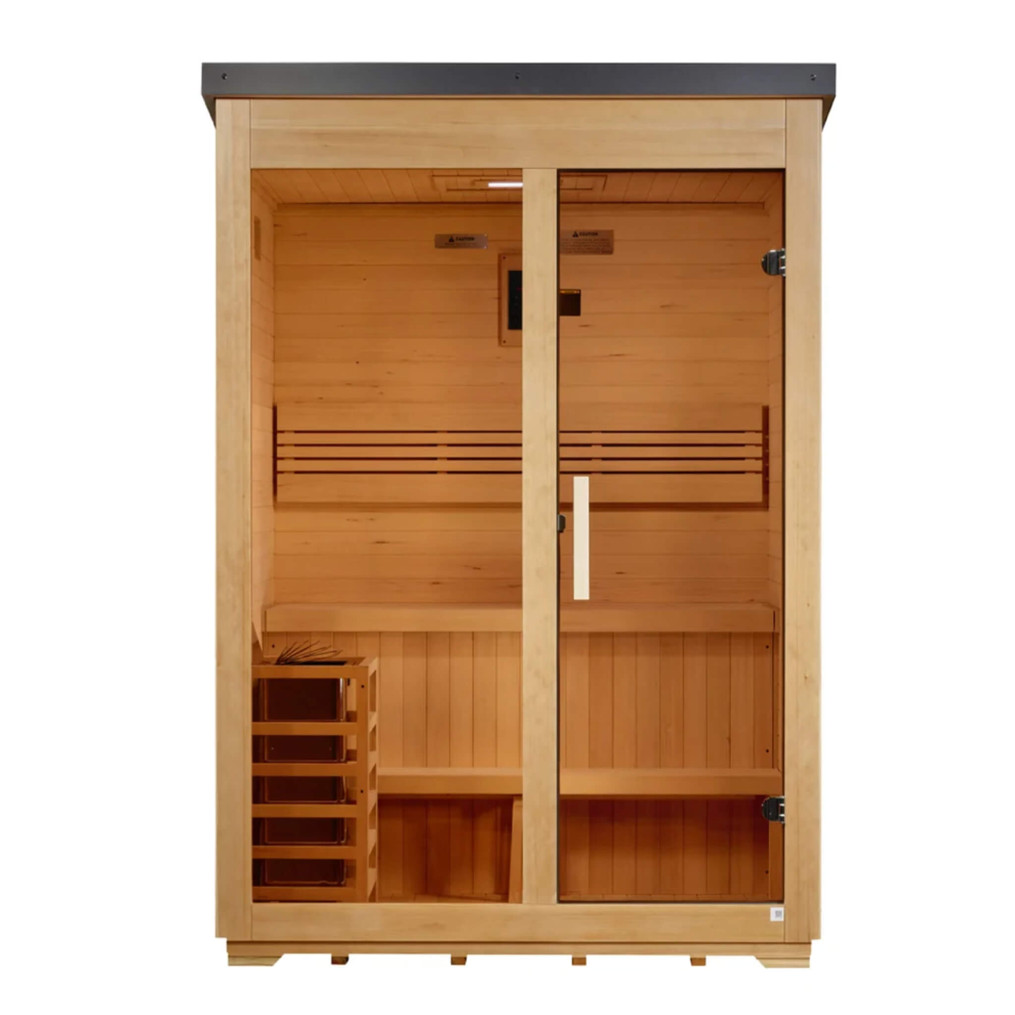 Arlberg 3 Person Traditional Outdoor Sauna straight front view showing the flat black roofline, double glass doors, and single rear wall bench