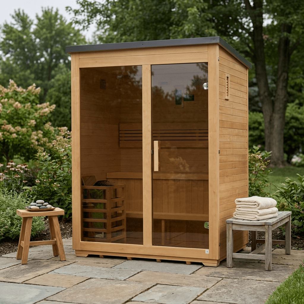 Arlberg 3 Person Traditional Outdoor Sauna on a stone patio with folded towels and stones nearby