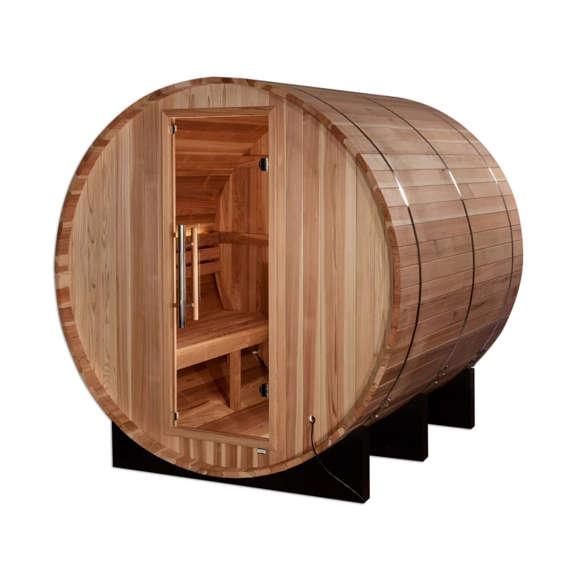 Arosa 4 Person Barrel Sauna angled view showing the interior bench and heater through the glass door