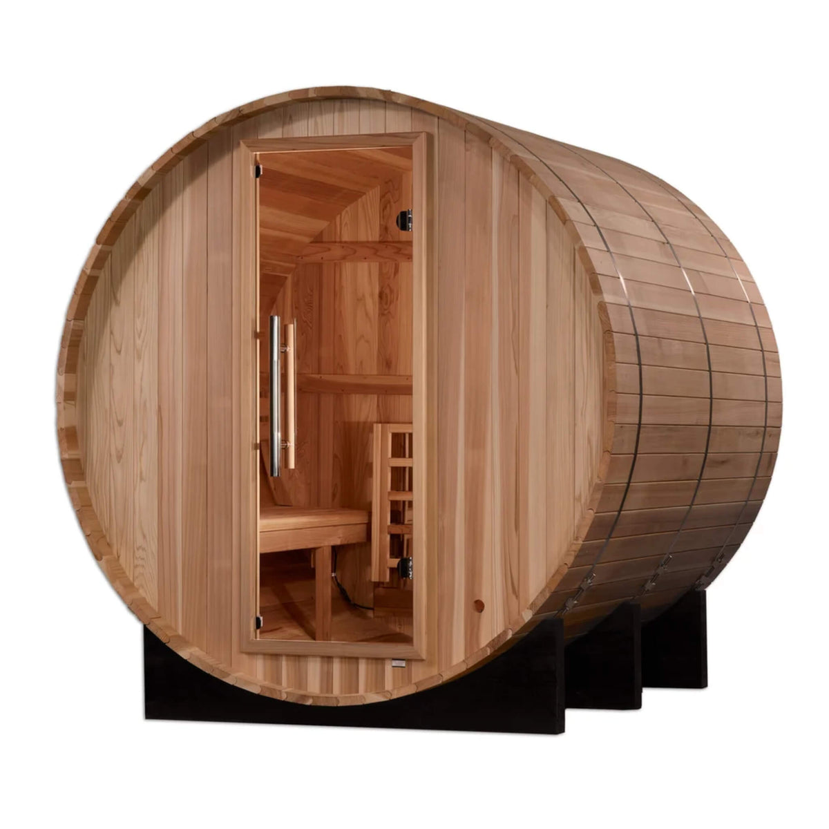 Arosa 4 Person Barrel Sauna angled view showing the interior backrest and heater through the glass door