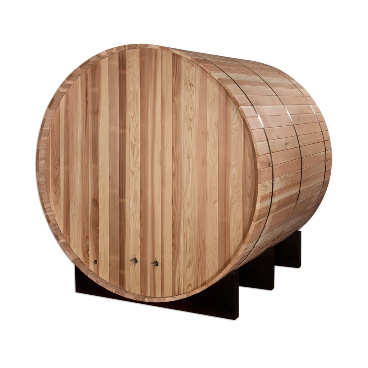 Arosa 4 Person Barrel Sauna rear exterior view showing the wood stave construction and wall connectors