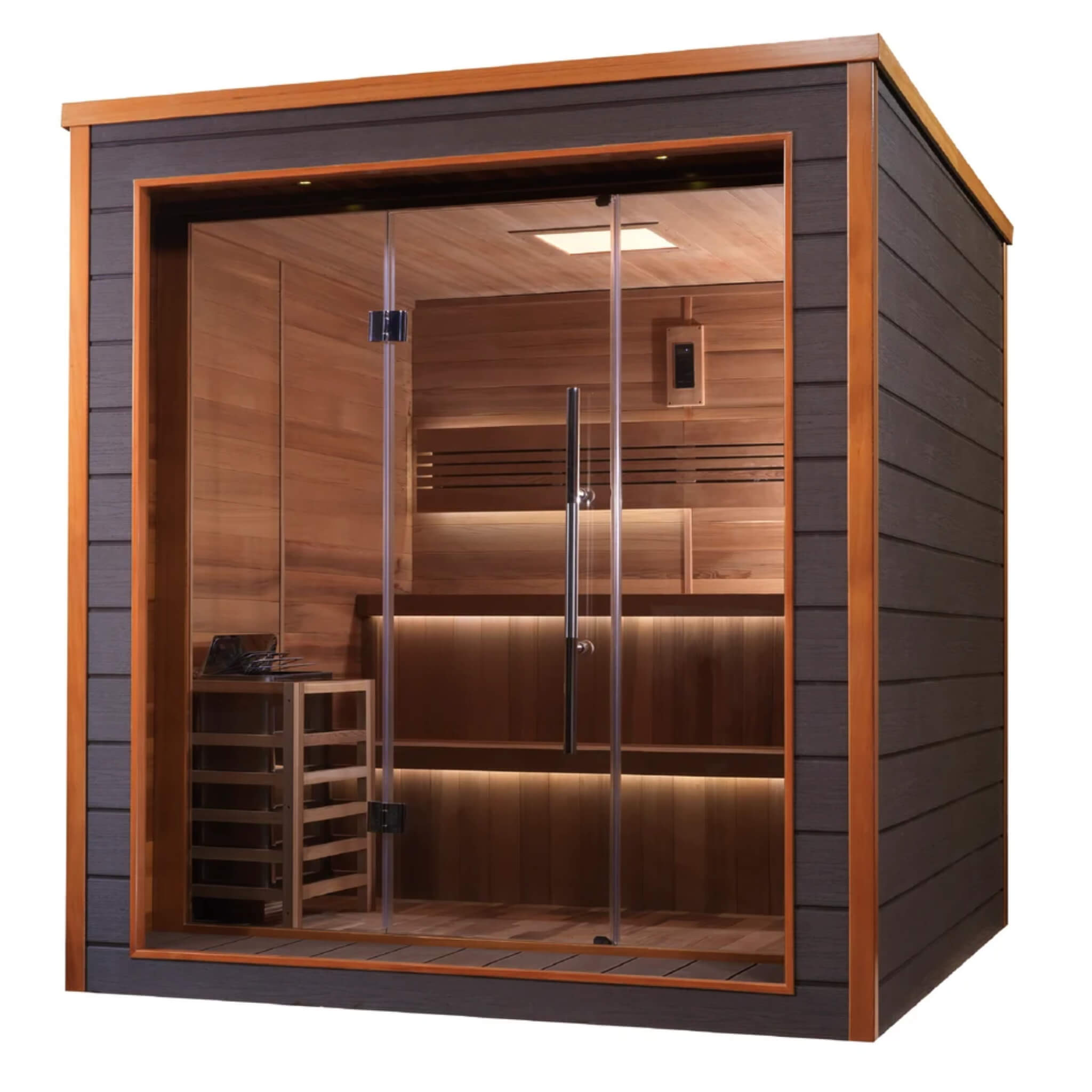 Bergen 6 Person Outdoor-Indoor Sauna angled view showing the two-tier bench and heater through the glass door