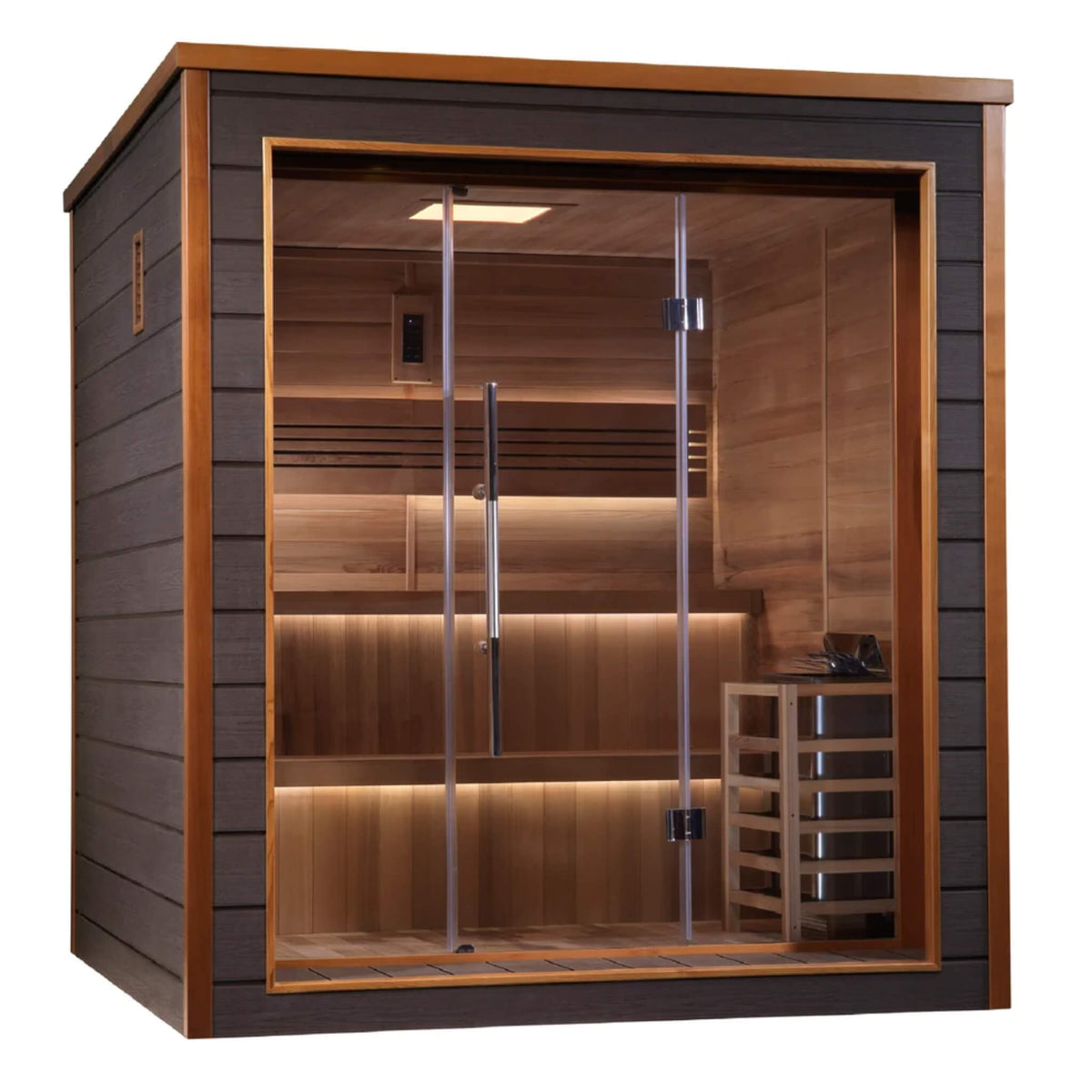 Bergen 6 Person Outdoor-Indoor Sauna angled view from the opposite side showing the two-tier bench and control panel