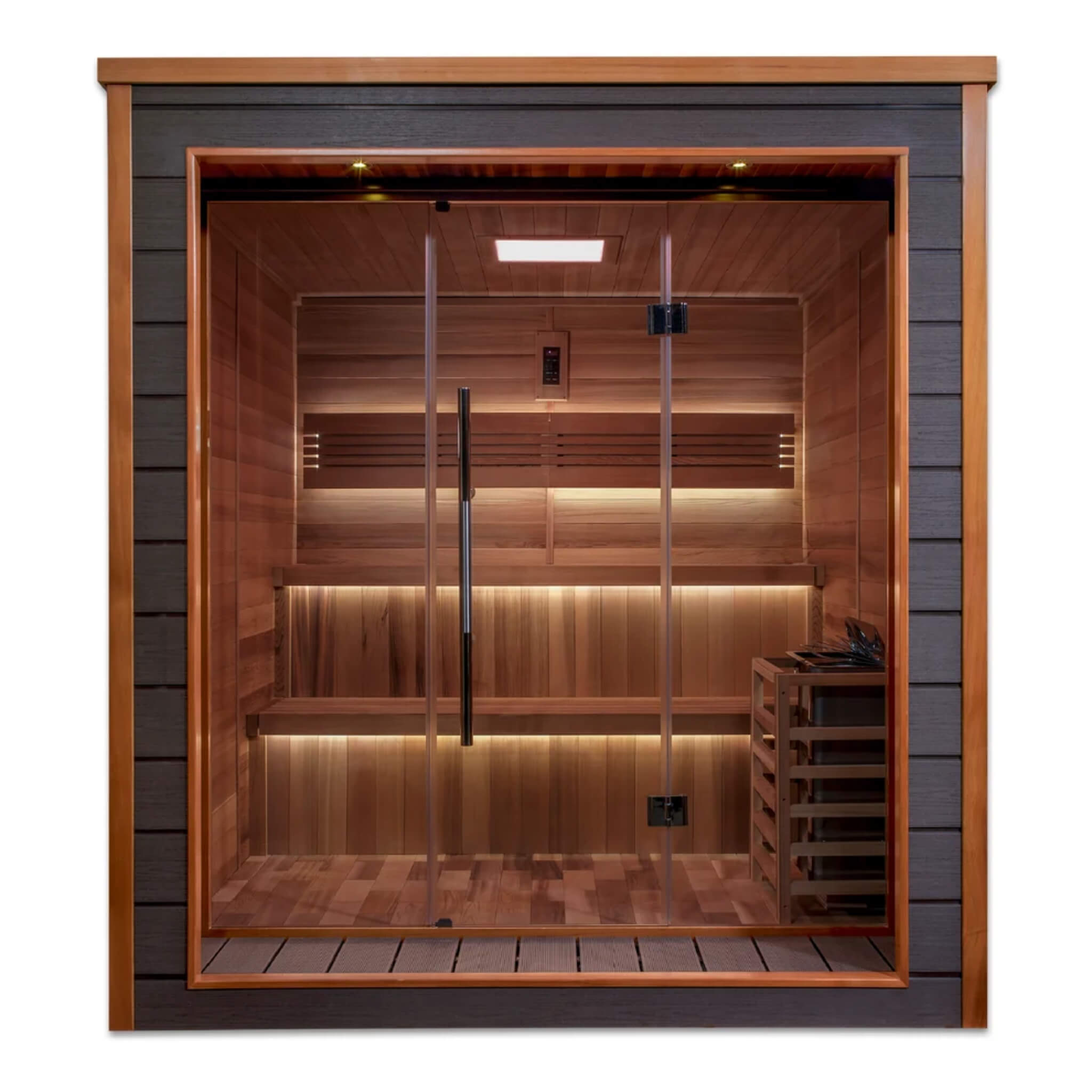 Bergen 6 Person Outdoor-Indoor Sauna straight front view showing the two-tier bench and heater through the glass door