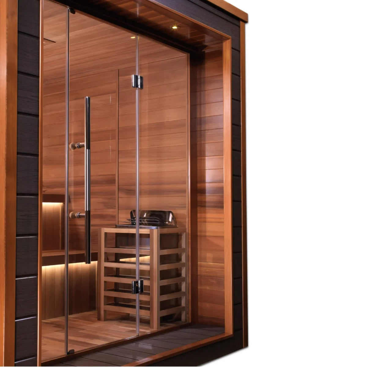Close up of the Bergen Sauna interior showing the two-tier bench, heater, and control panel