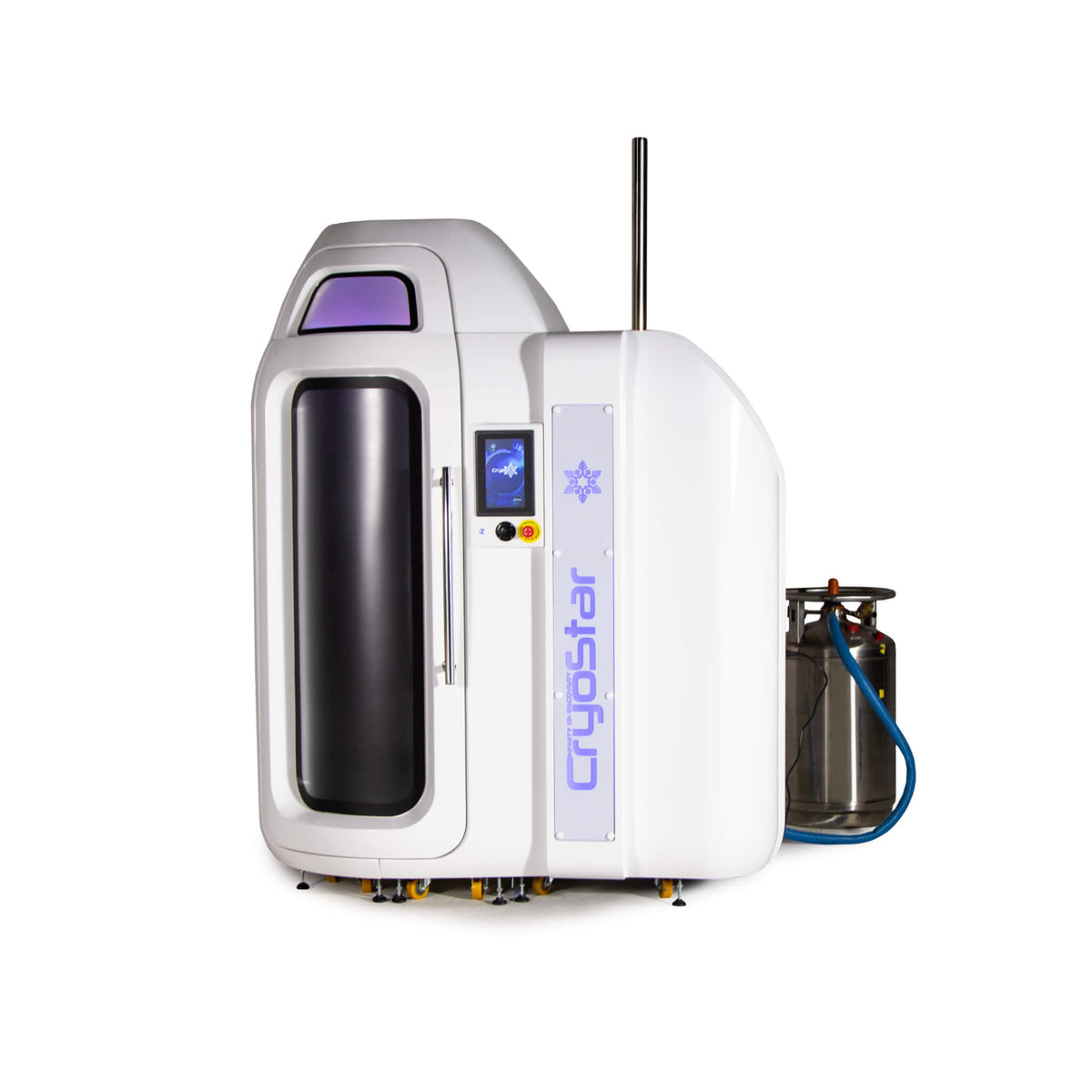 Cryonick CryoStar Antarctica Nitrogen Whole Body Cryotherapy Chamber in white, front angle view with the door closed and a nitrogen tank connected