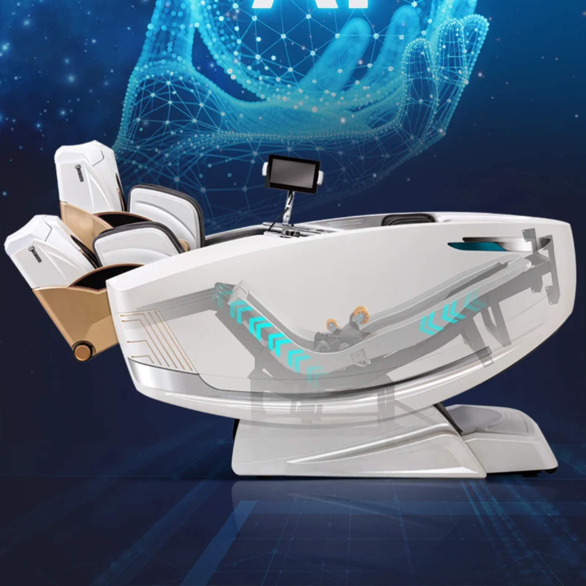 DR.BOSS FJ-9000 massage chair with AI-powered massage technology graphic
