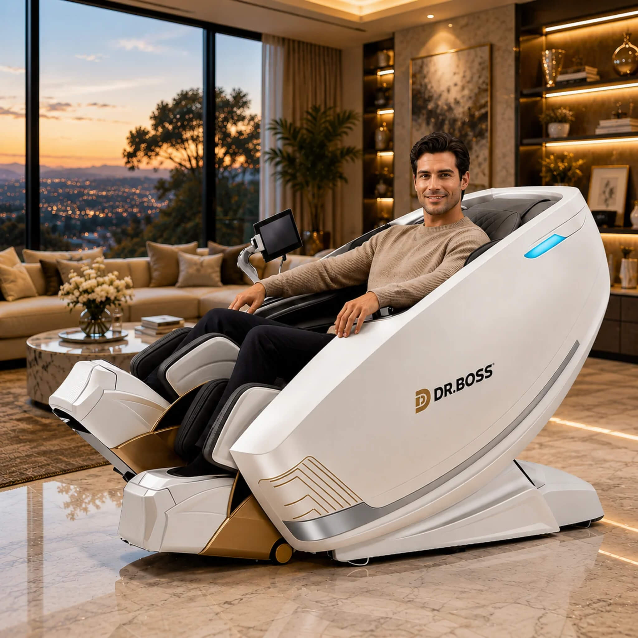Man reclining in the DR.BOSS FJ-9000 massage chair in a luxury living room