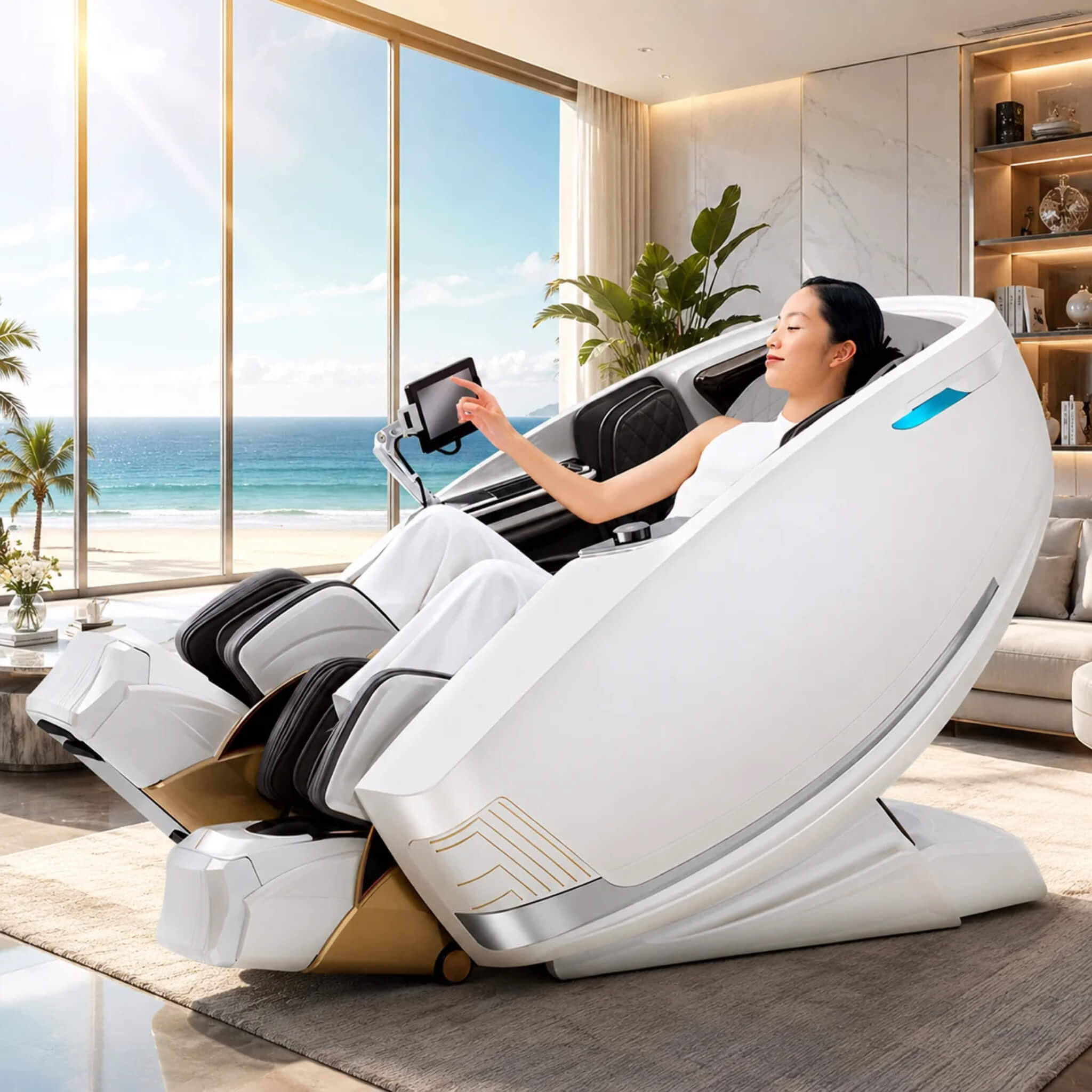 Woman relaxing in the DR.BOSS FJ-9000 massage chair using the touchscreen controller