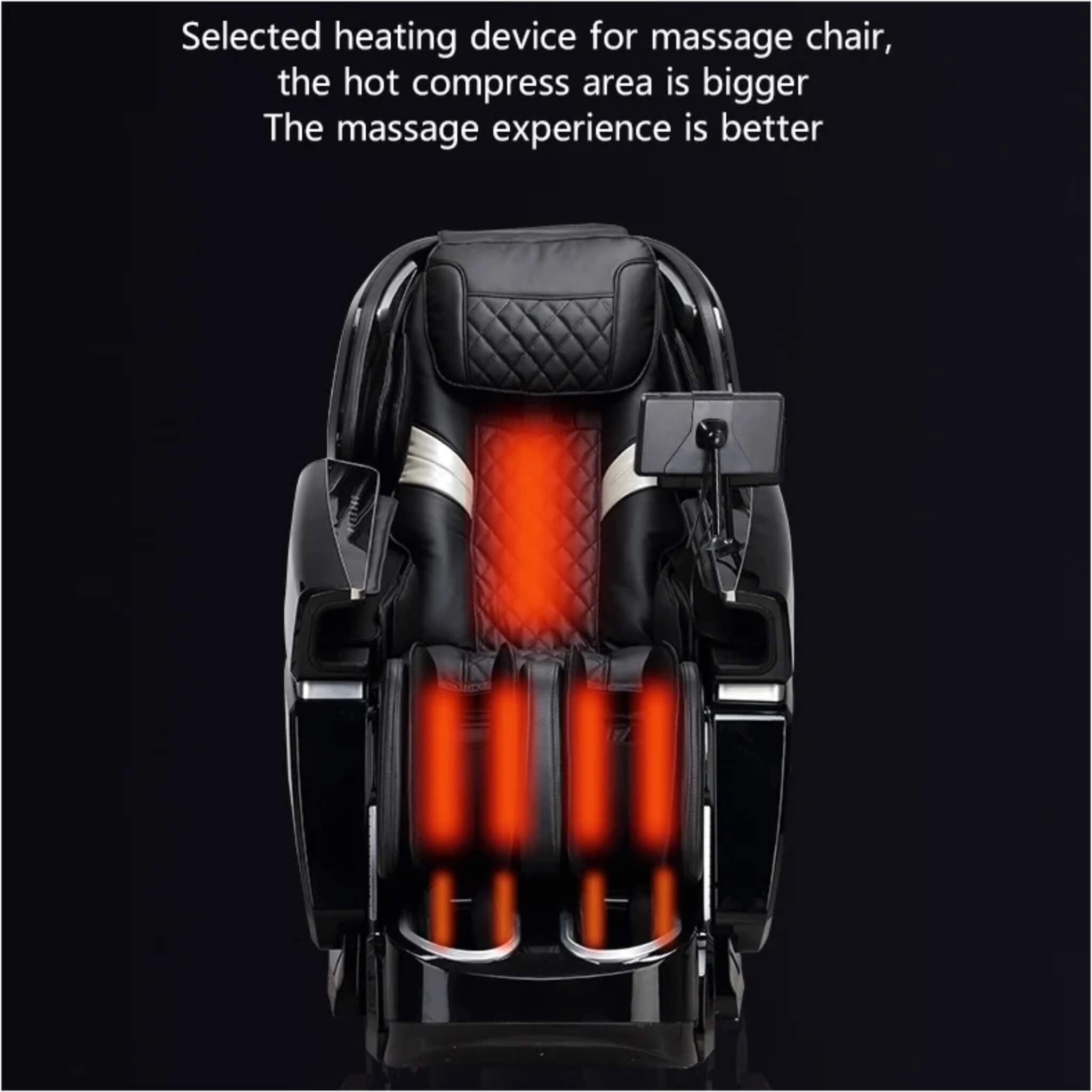 Illustration highlighting the Dr. Fuji FJ-8500 Plus heating system with lumbar, calf, and foot heat therapy for enhanced muscle relaxation.