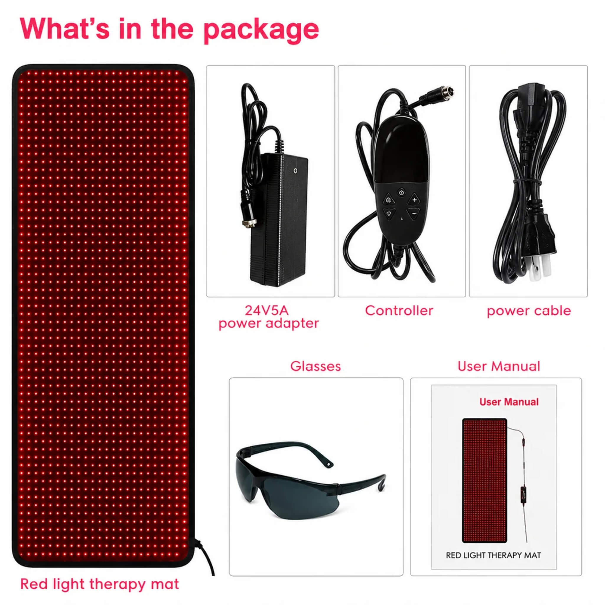 Dr. Fuji LED Red Light Therapy Mat with included power adapter, controller, power cable, safety glasses, and user manual