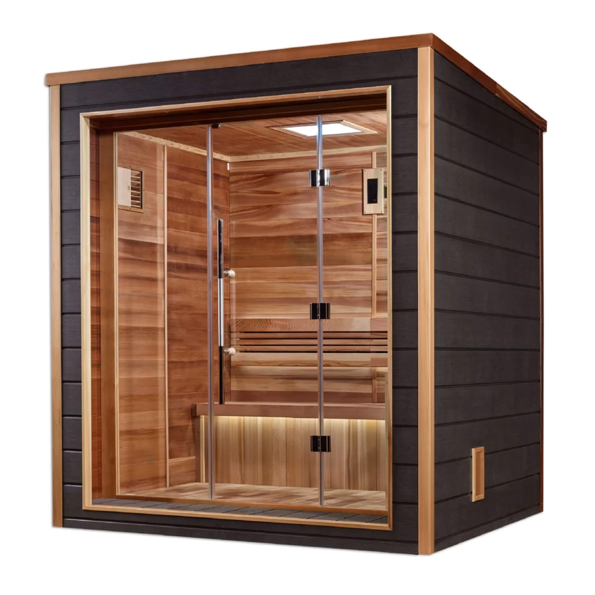 Drammen 3 Person Outdoor-Indoor Sauna angled view from the opposite side showing the interior bench and control panel