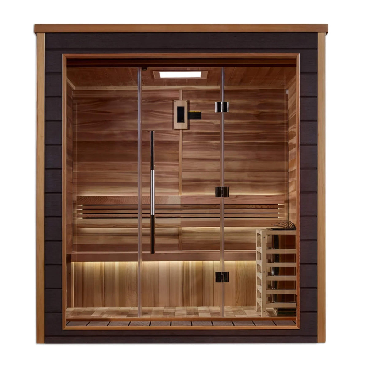 Drammen 3 Person Outdoor-Indoor Sauna straight front view showing the interior bench and heater through the glass door