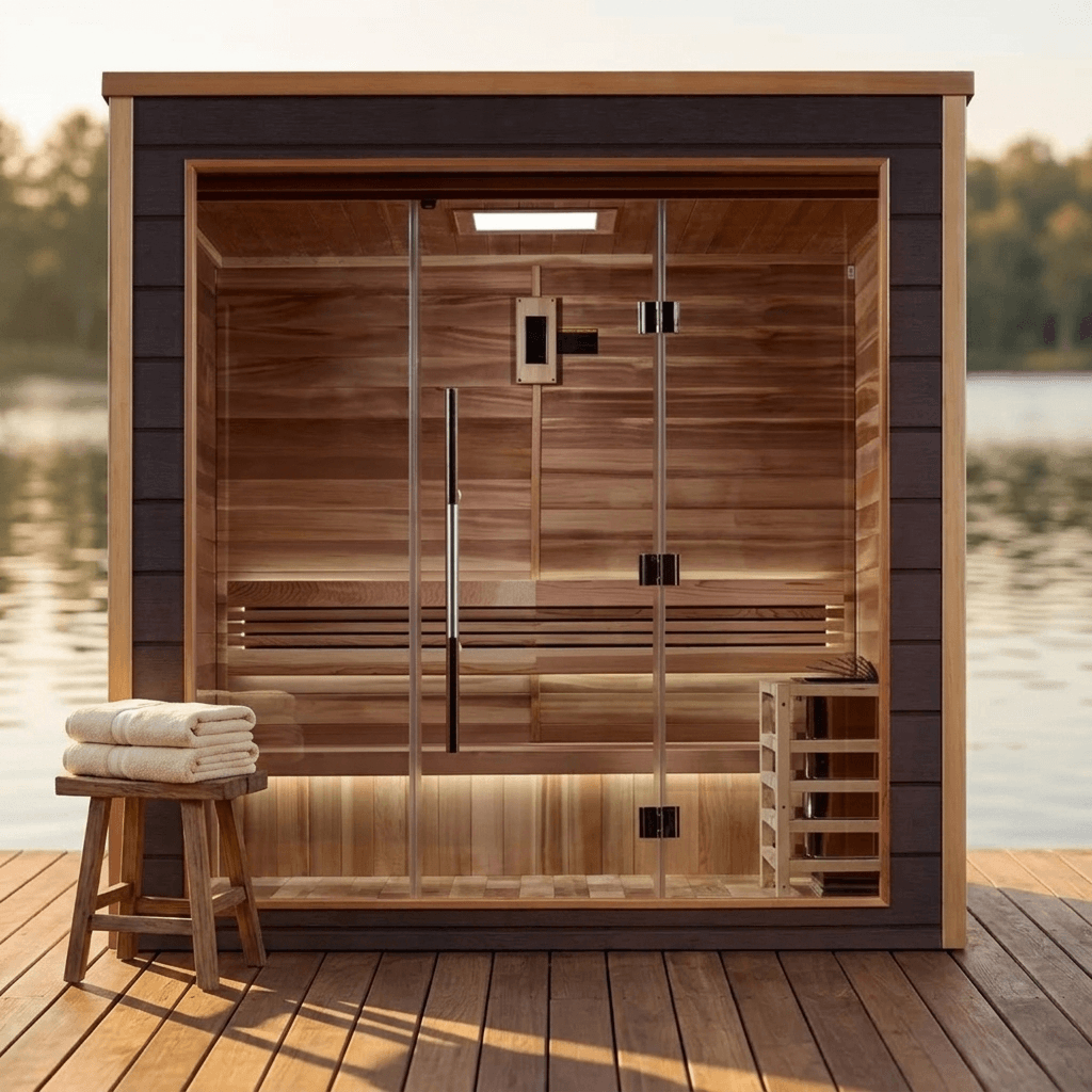 Drammen 3 Person Outdoor-Indoor Sauna on a lakeside deck with folded towels nearby