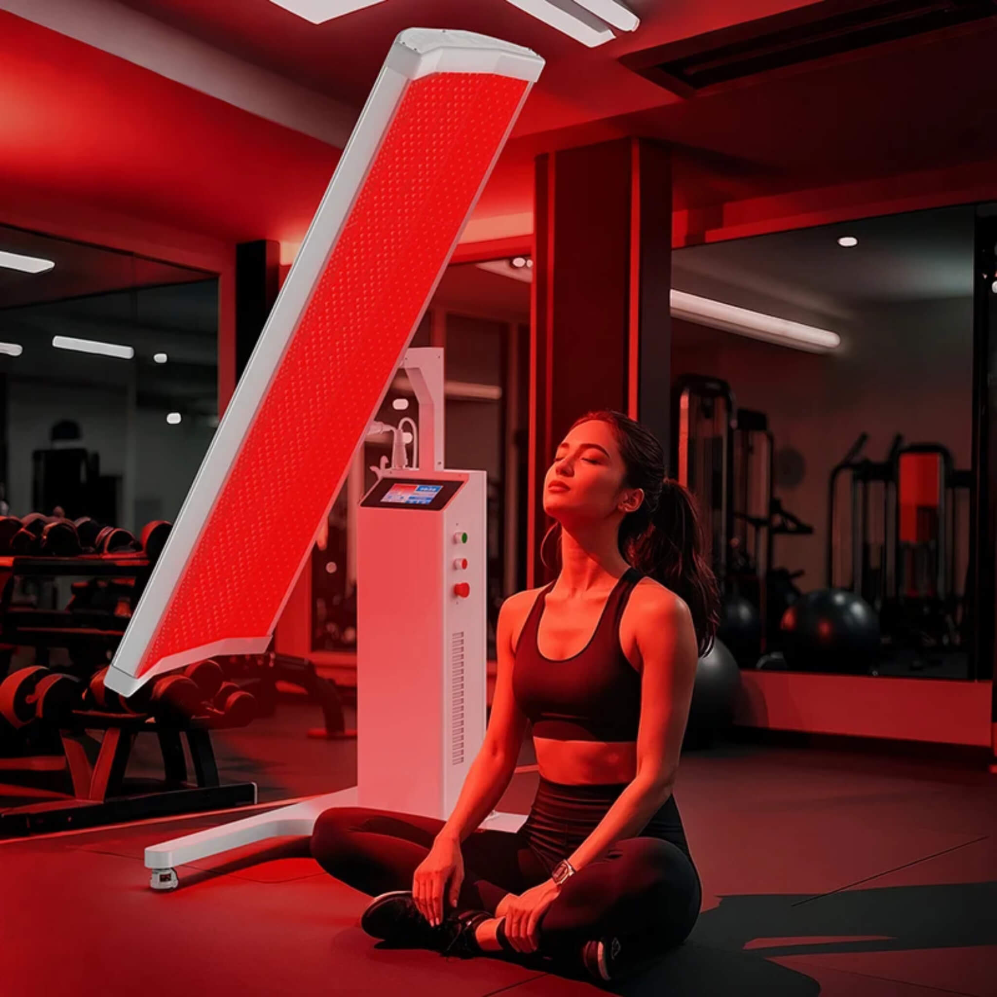 Dr.Fuji ProLux 1500 red light therapy panel in use in a gym setting