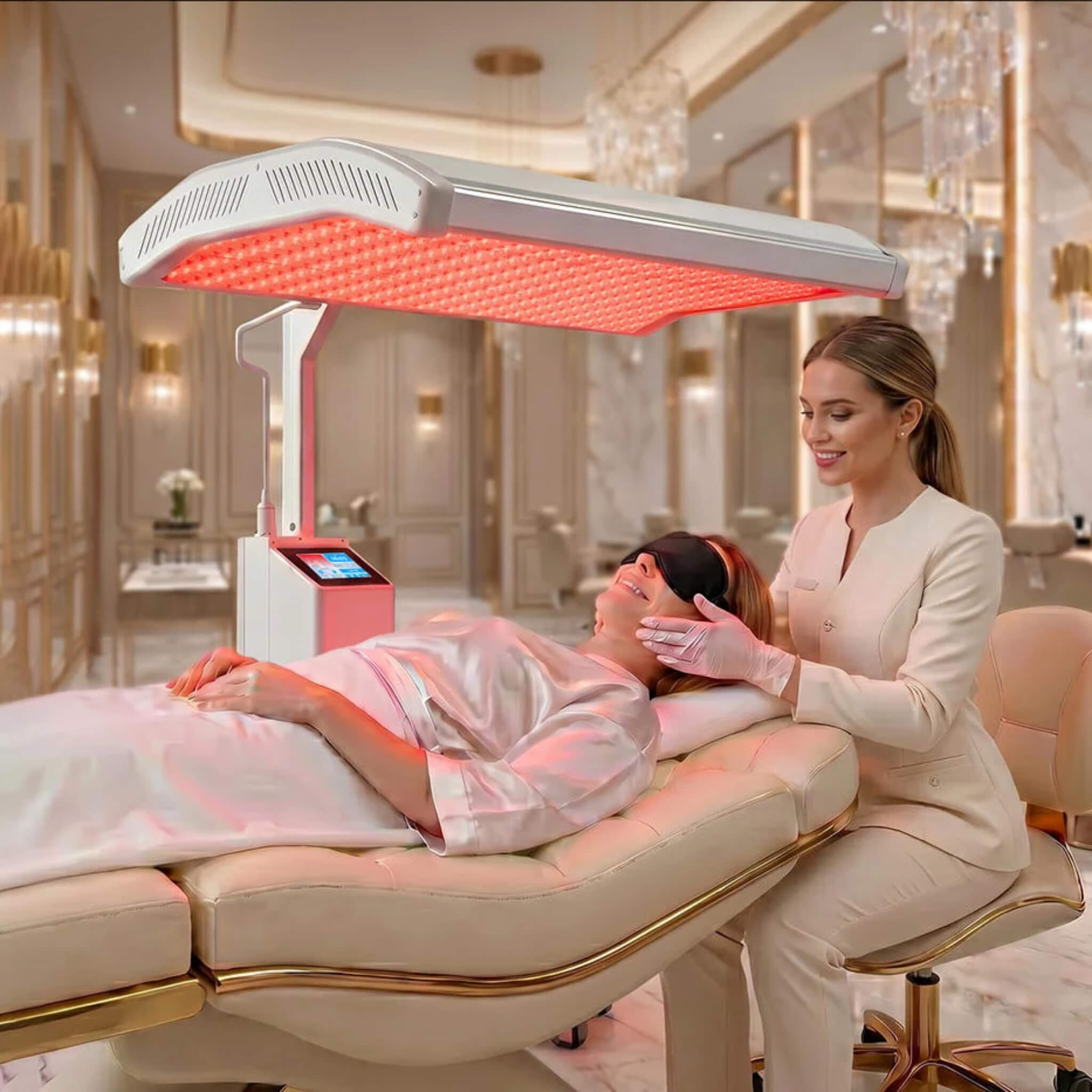 Dr.Fuji ProLux 1500 red light therapy panel in use during a luxury spa treatment