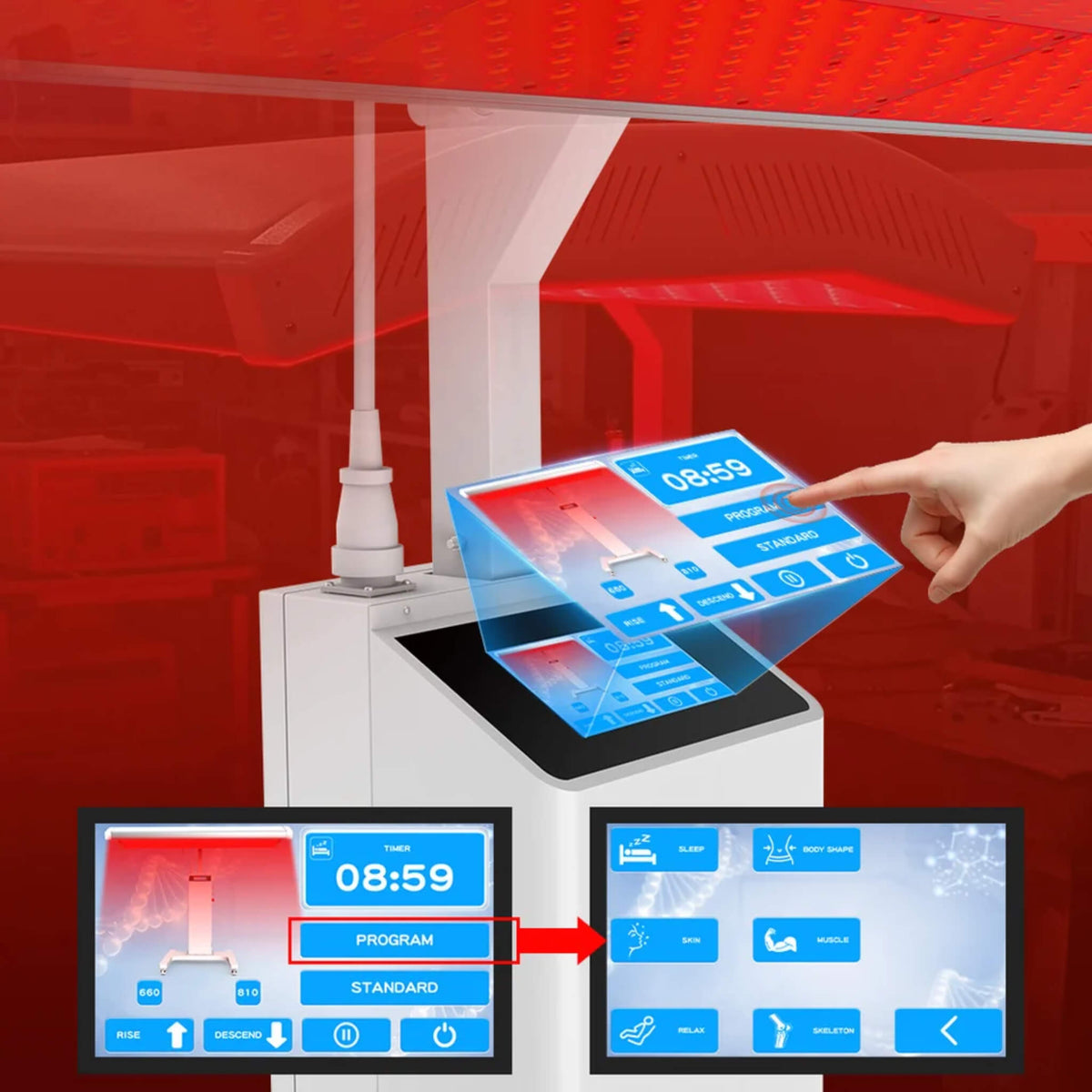 Dr.Fuji ProLux 1500 touchscreen showing Sleep, Body Shape, Skin, Muscle, Relax, and Skeleton preset programs
