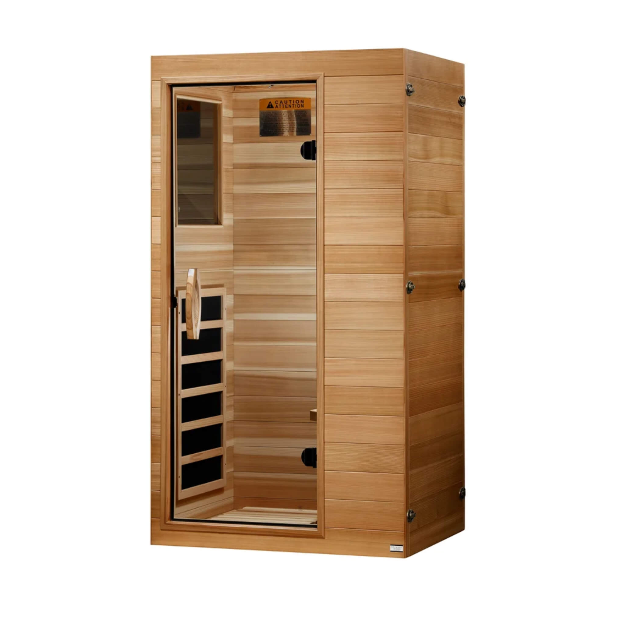 Dynamic DYN-1101-01 Elite compact infrared sauna, right angle view showing Pacific Cedar construction