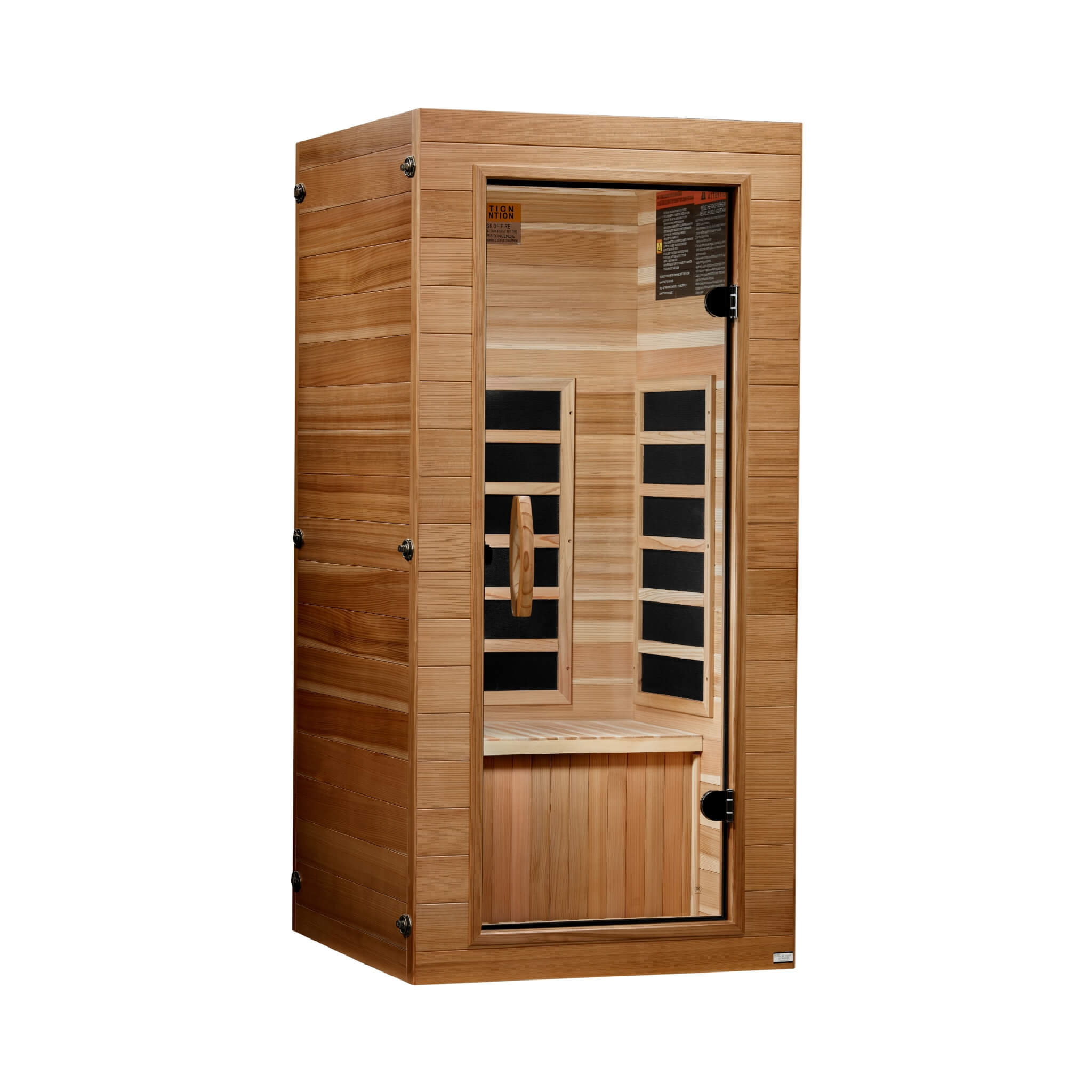 Dynamic DYN-1201-01 Elite compact infrared sauna, left angle view showing Pacific Cedar construction