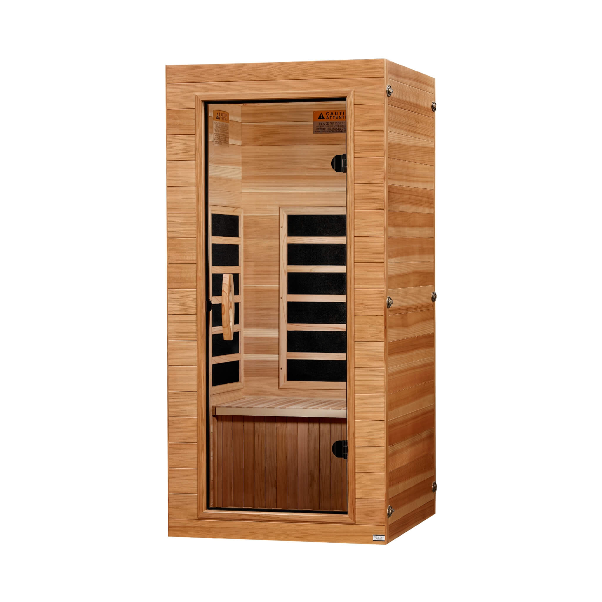 Dynamic DYN-1201-01 Elite compact infrared sauna, right angle view showing interior bench and heat emitter