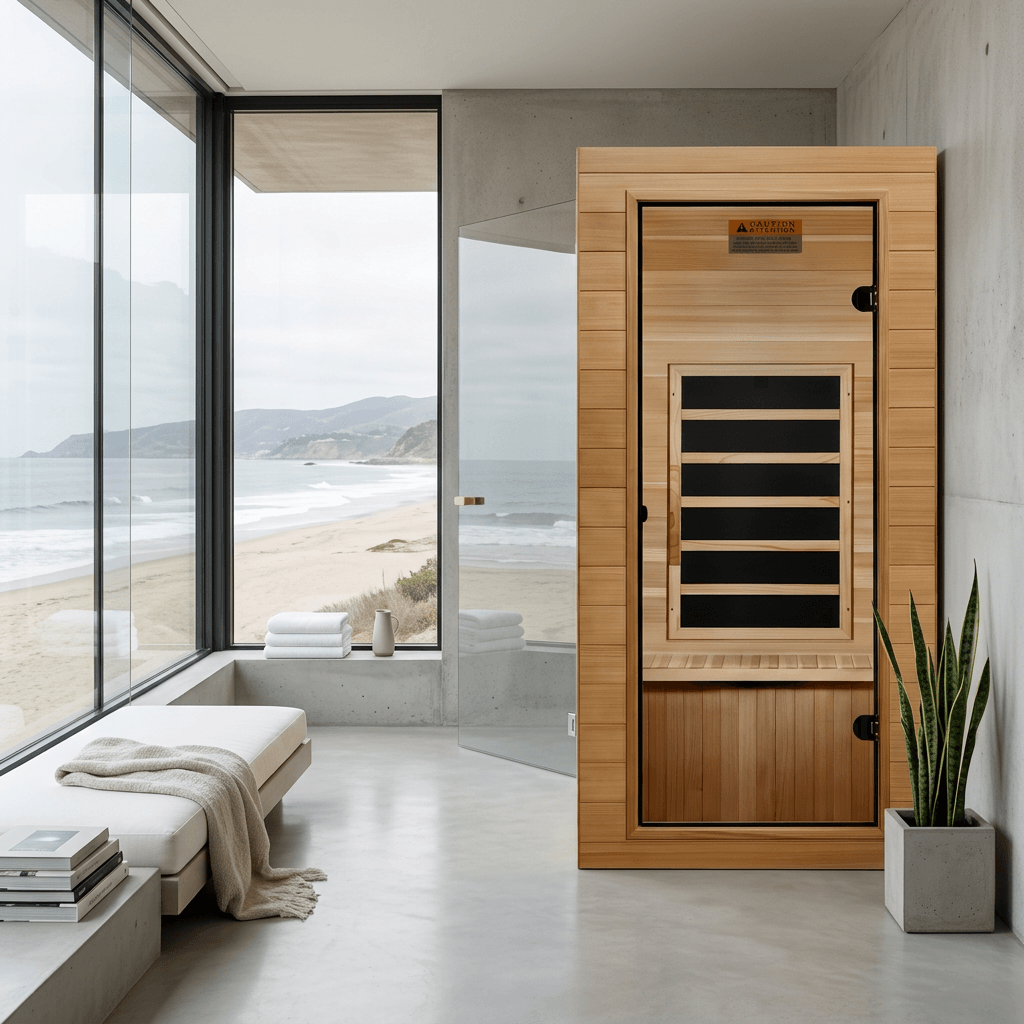 Dynamic DYN-1201-01 Elite compact infrared sauna in a modern spa-style room with ocean view