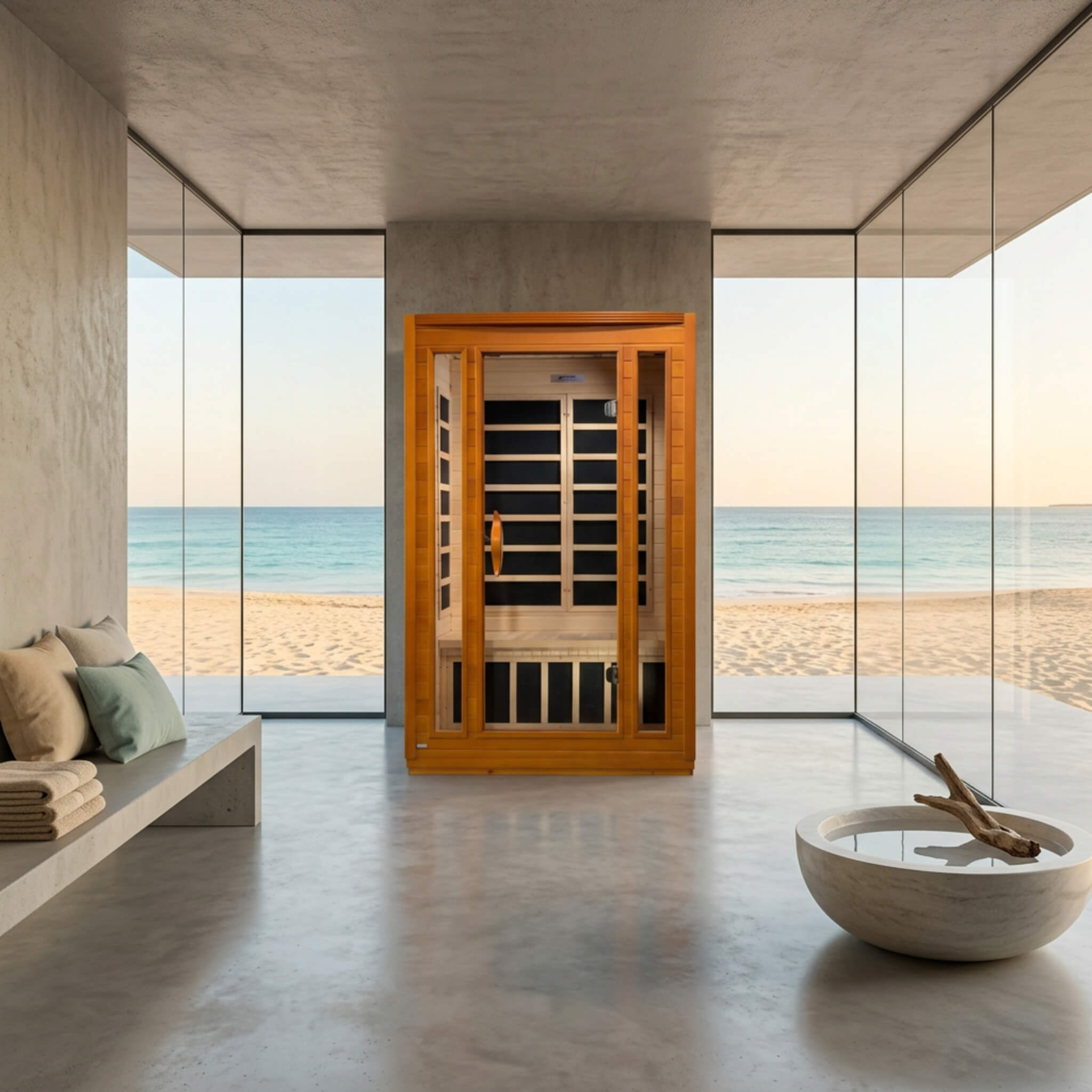 Dynamic San Marino DYN-6206-01 Elite 2 Person Ultra Low EMF FAR Infrared Sauna in a modern coastal setting