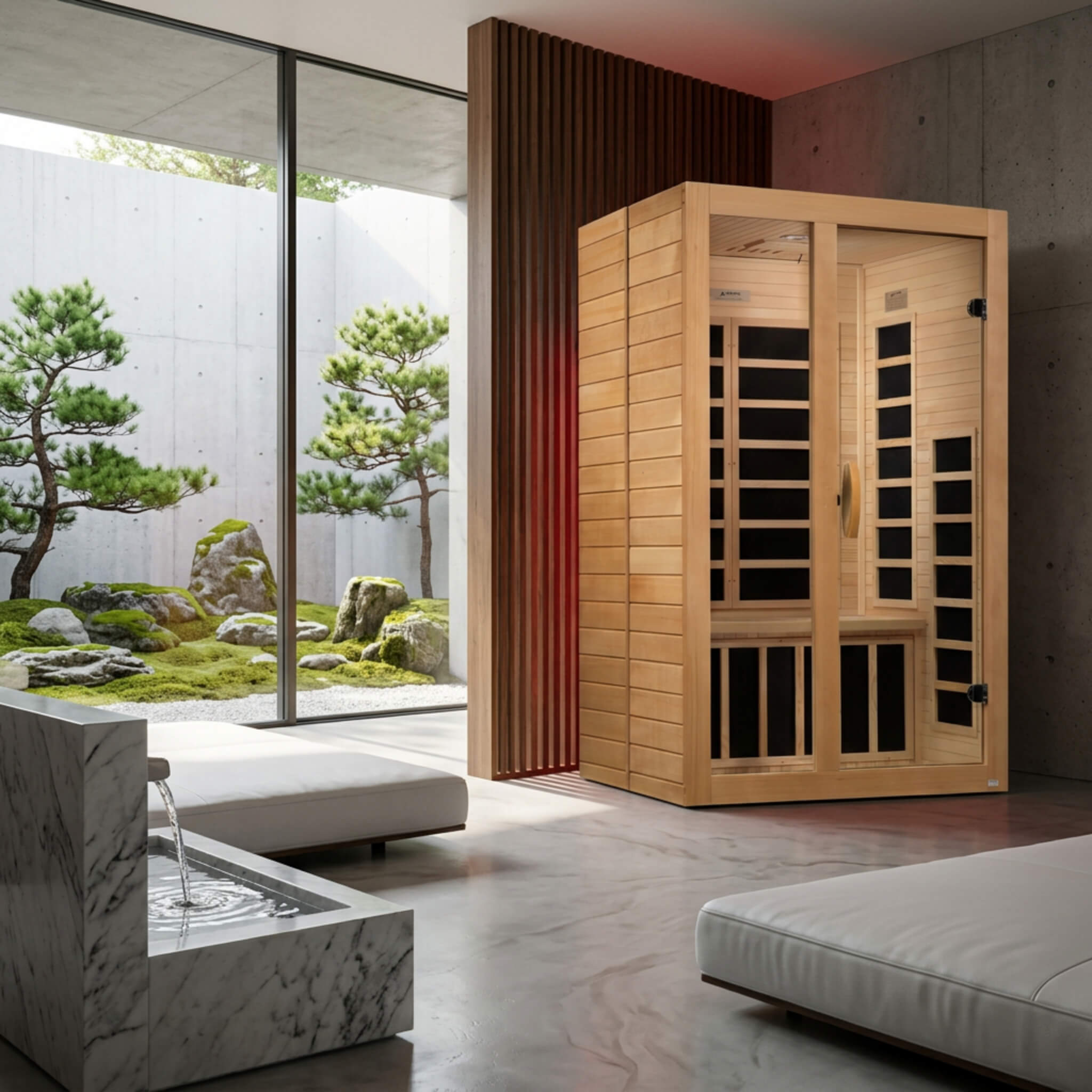 Dynamic Santiago DYN-6209-01 2 Person Low EMF FAR Infrared Sauna in a modern zen garden setting