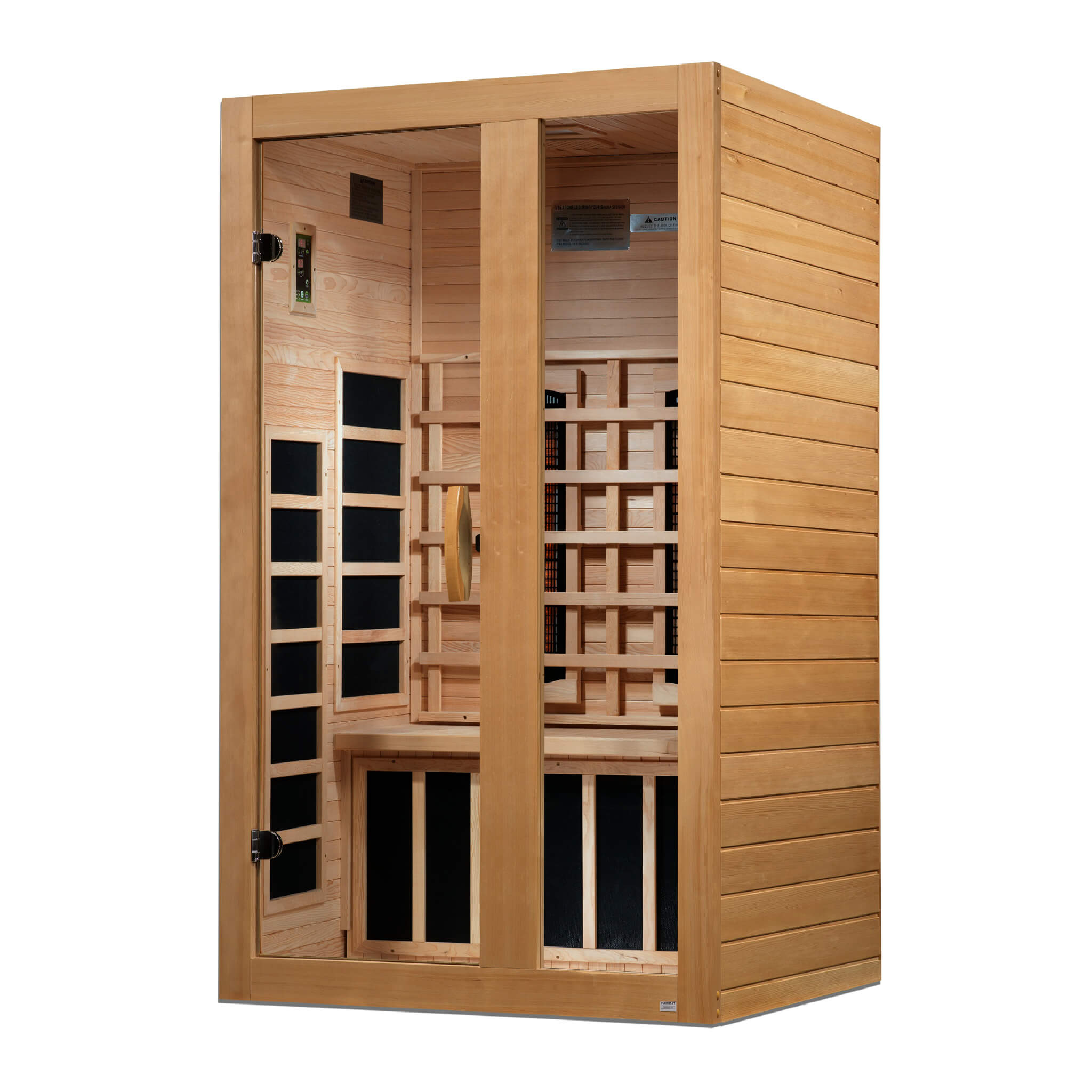 Dynamic Serena Full Spectrum 2 person sauna interior angle view showing bench and heating panel layout