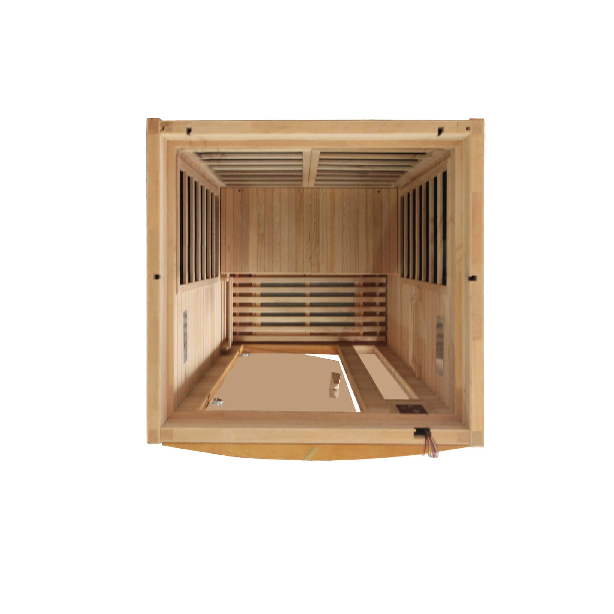 Overhead view showing the full heater layout, bench, and floor inside the Dynamic Barcelona Elite sauna