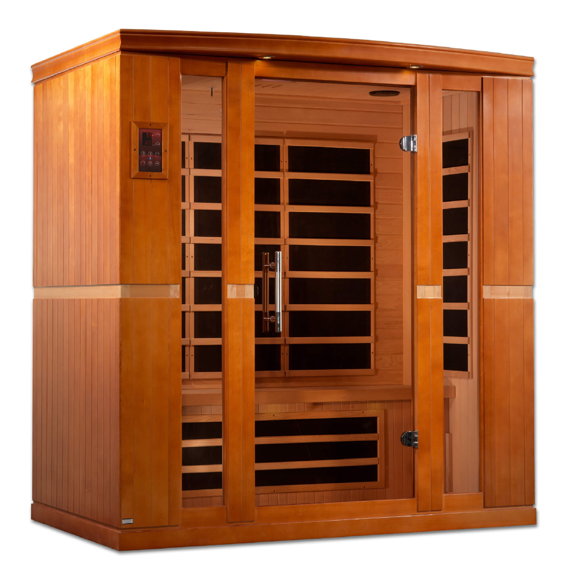 Dynamic Bergamo 4 Person Low EMF Far Infrared Sauna DYN-6440-01 front angled view with glass door closed