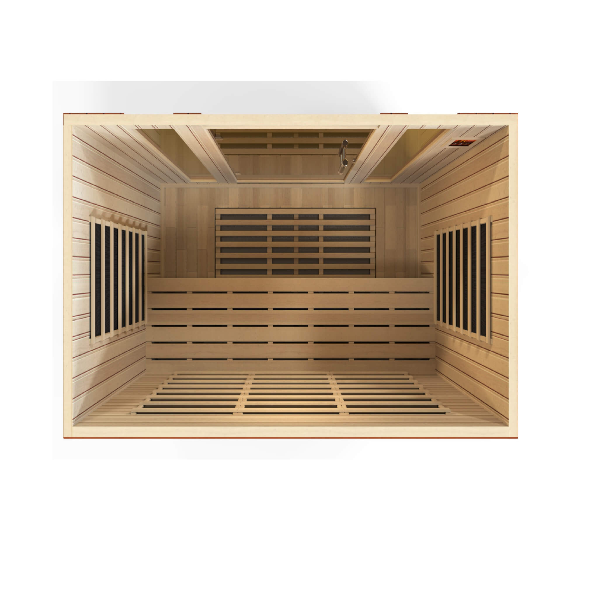 Dynamic Bergamo 4 Person Low EMF Far Infrared Sauna DYN-6440-01 interior view showing bench, floor, and heating panel layout