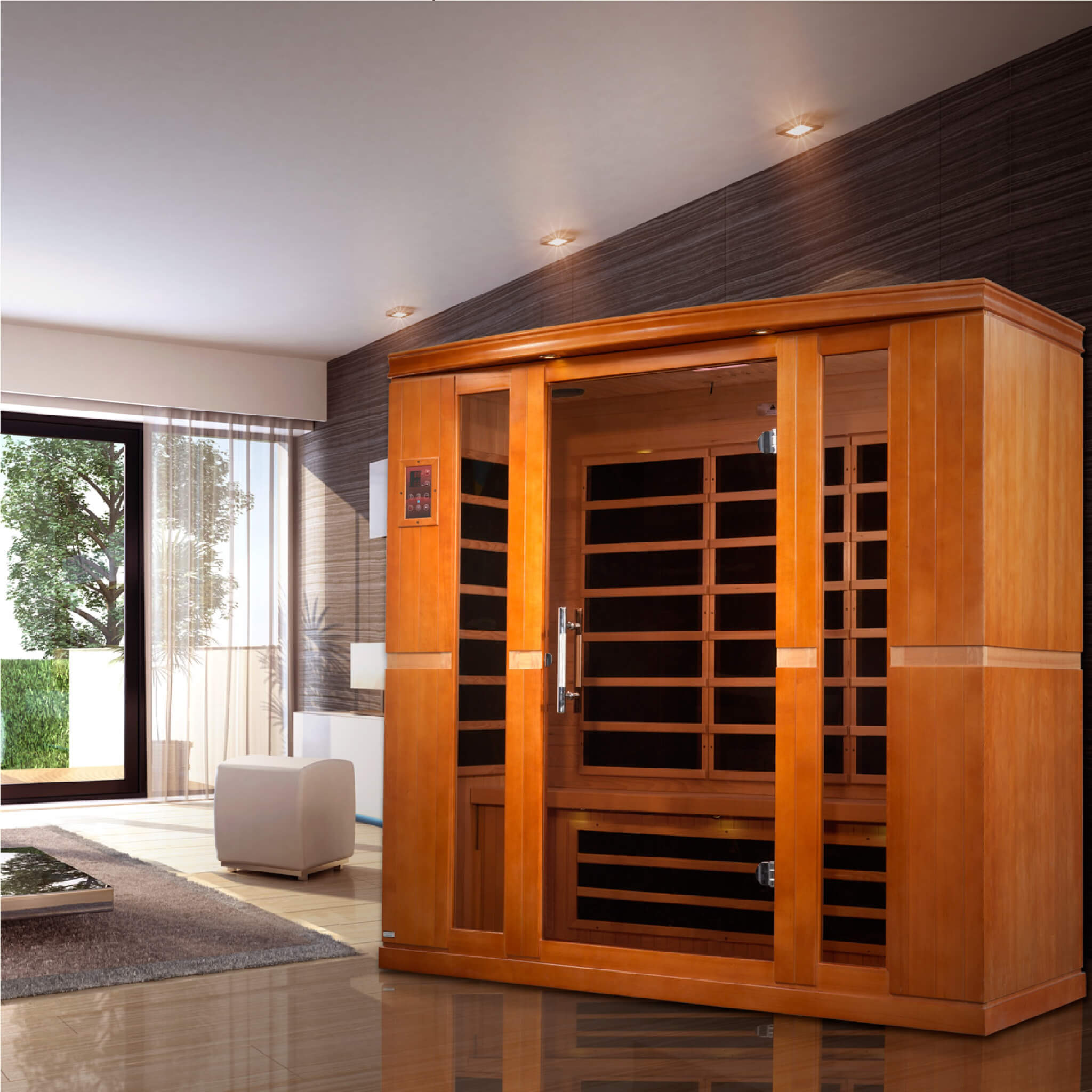 Dynamic Bergamo 4 Person Low EMF Far Infrared Sauna DYN-6440-01 shown in a modern home lifestyle setting