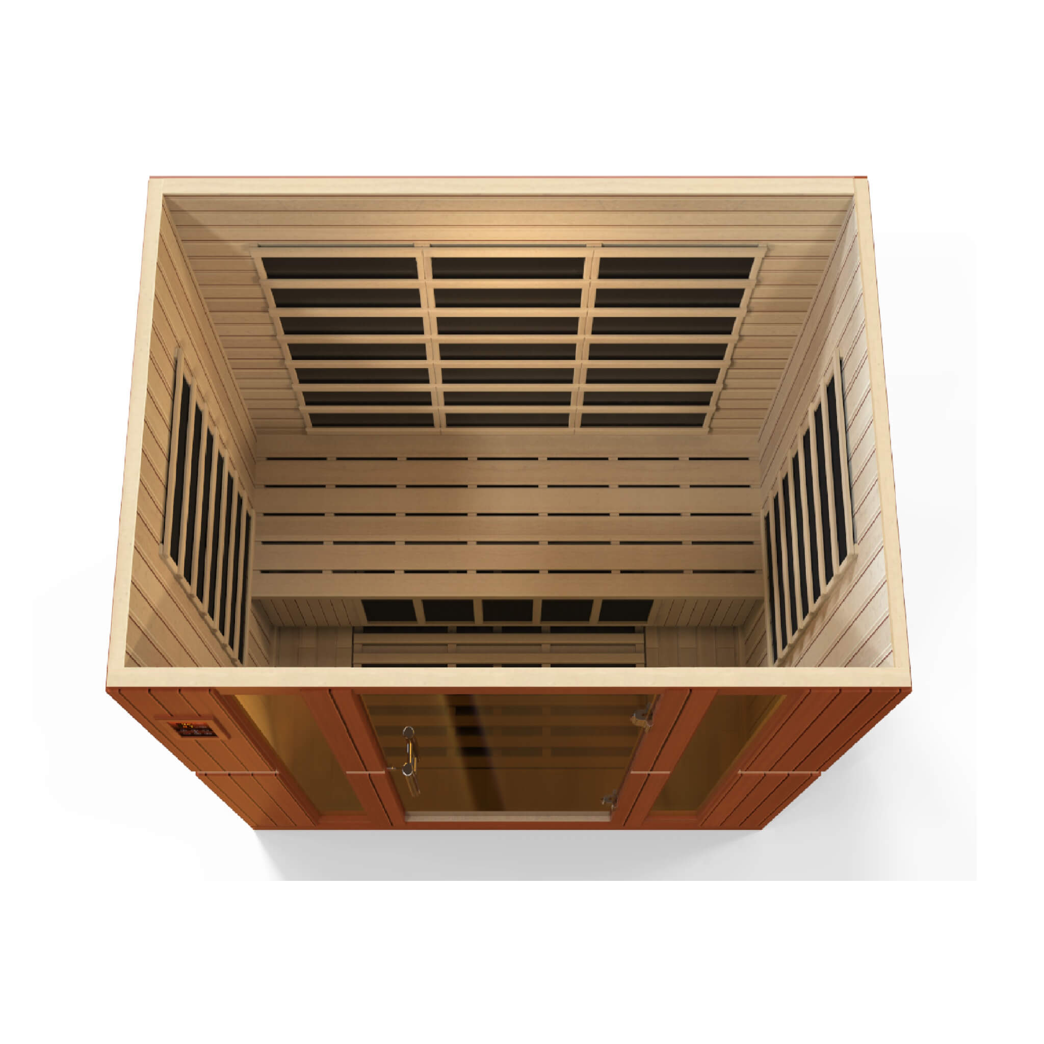 Dynamic Bergamo 4 Person Low EMF Far Infrared Sauna DYN-6440-01 overhead view showing full cabin layout and door