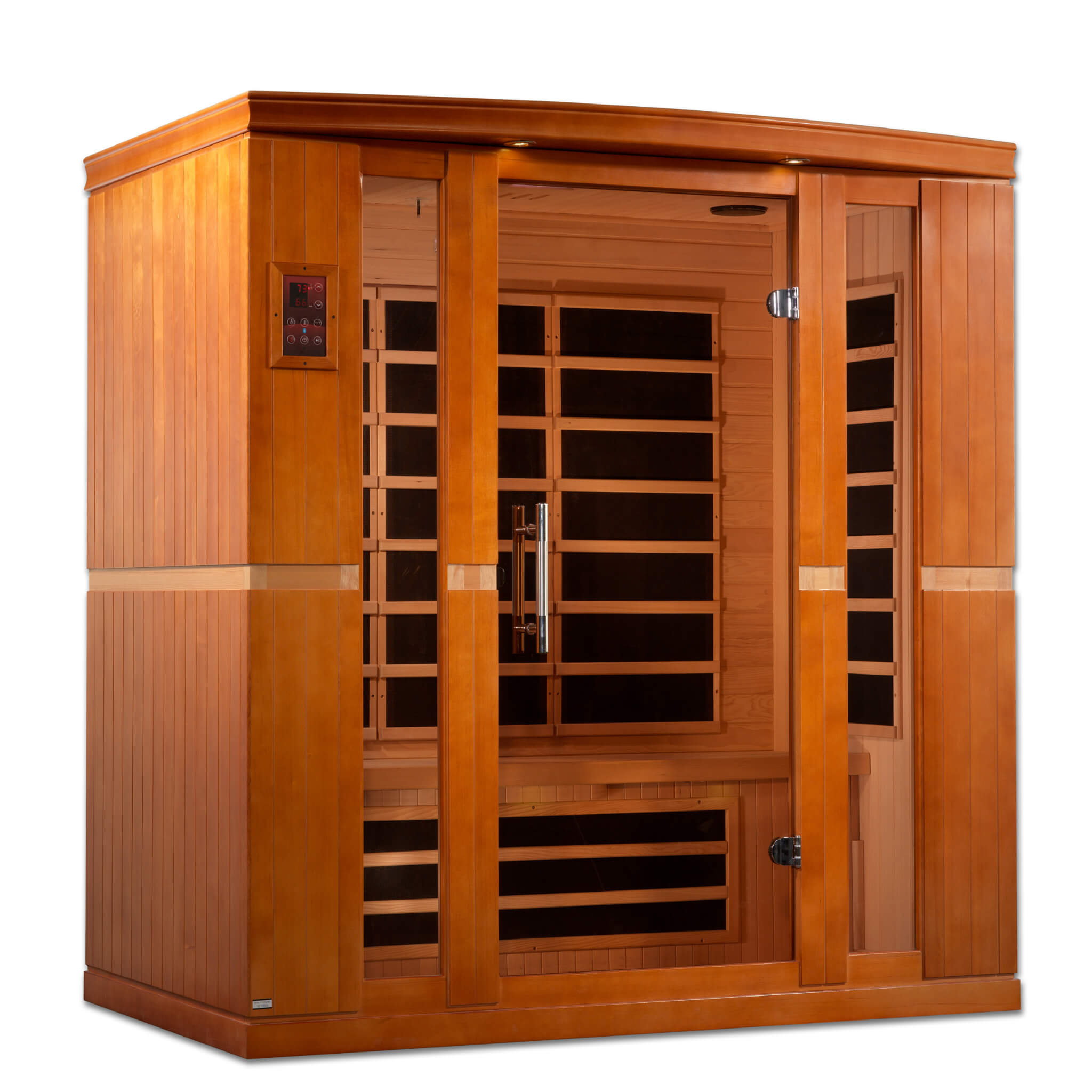 Front right angle view of the Dynamic Bergamo DYN-6440-01 Elite 4 Person Far Infrared Sauna