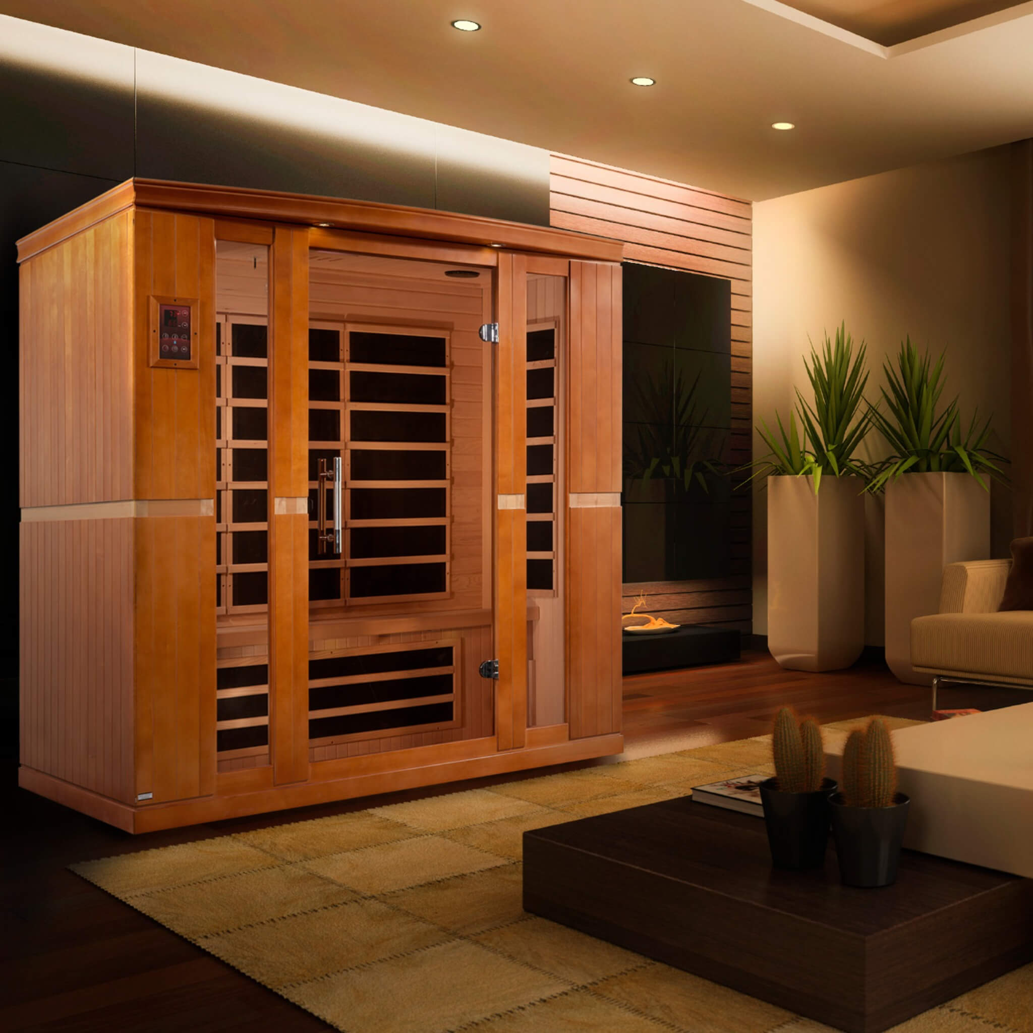 Dynamic Bergamo DYN-6440-01 Elite 4 Person Ultra Low EMF Far Infrared Sauna installed in a modern home
