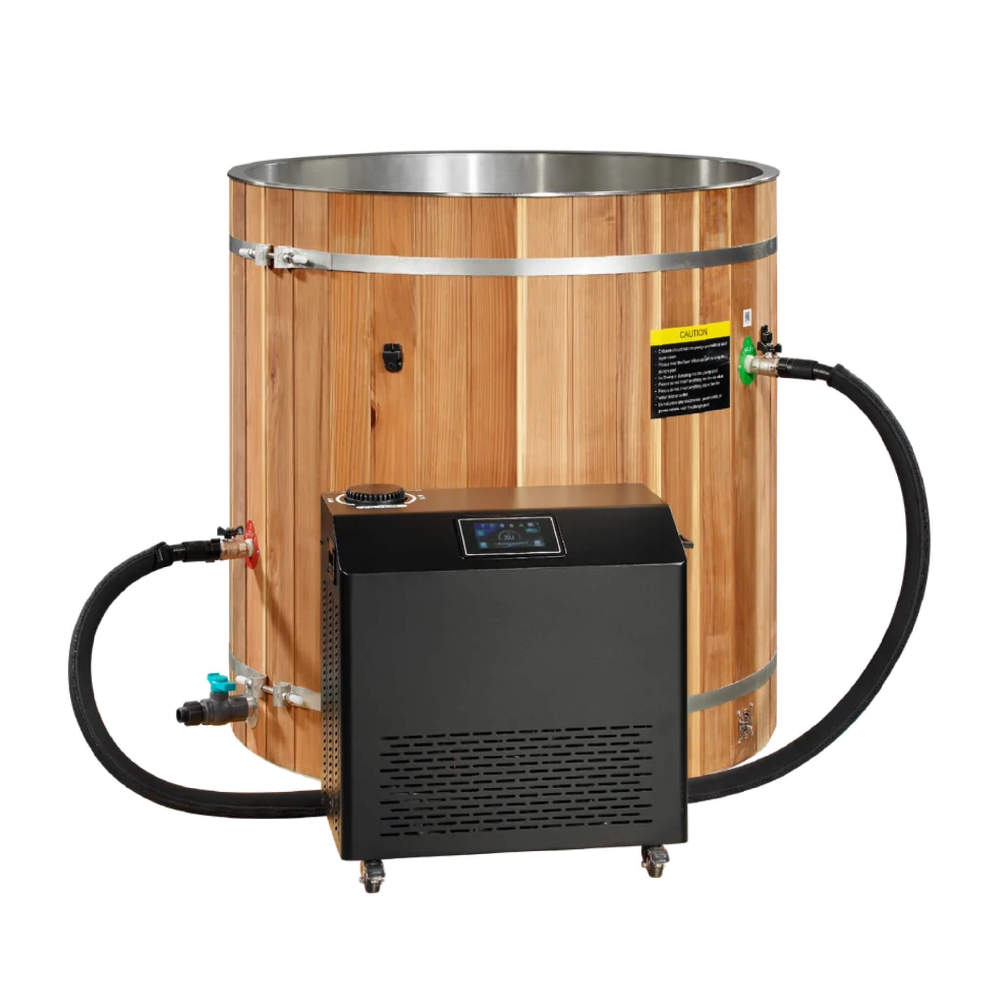 Dynamic Cold Therapy Barrel 304 Stainless Steel Cold Plunge shown with optional chiller, sold separately
